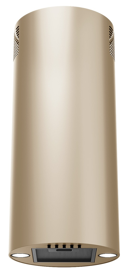 Cylindryczny okap w kolorze beżowym. Posiada otwory wentylacyjne, światła i wentylator z przyciskami.