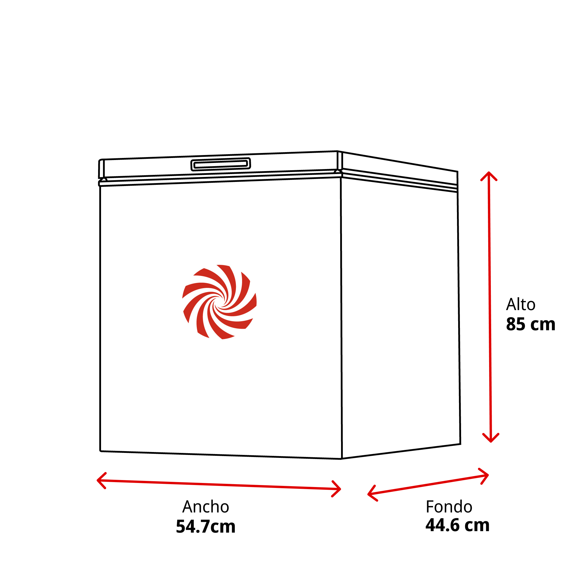 Diagrama de un congelador horizontal. Dimensiones: 85cm alto, 54.7cm ancho, 44.6cm fondo. Se ve un logo rojo.