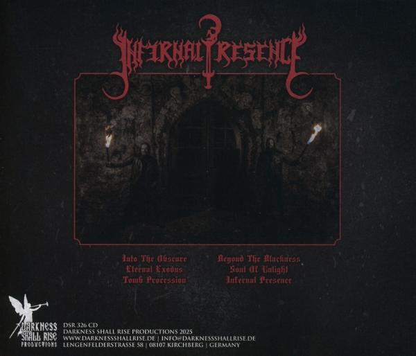 CD-Cover. Dunkles Bild mit rotem Rahmen. Zwei Figuren halten Fackeln. Text: Infernal Presence. Darkness Shall Rise Productions.