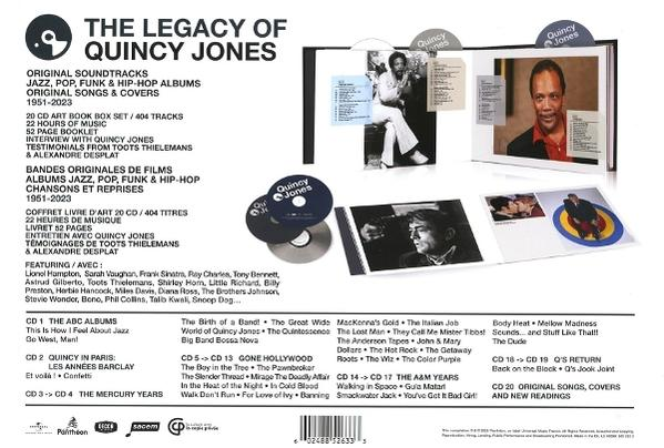 Albumcover: 'The Legacy of Quincy Jones'. Enthält Bilder von Quincy Jones, CDs und Text mit Musiktiteln.