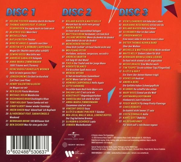 CD-Cover. Listen von Liedern mit den Titeln Disc 1, 2 und 3. Künstlernamen und Songtitel sind sichtbar.