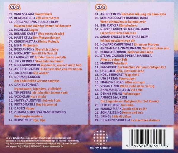 CD-Cover. Listen von Songs und Künstlern auf Deutsch. Mit Sony Music Logo und Barcode.