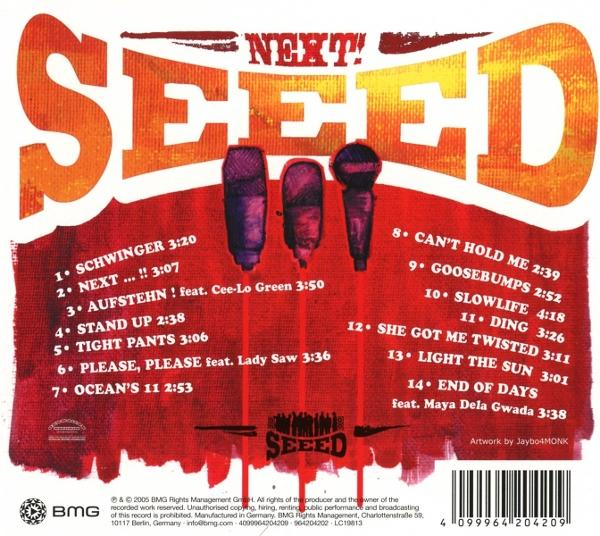 Albumcover: roter Hintergrund, großer 'SEED'-Titel, drei Mikrofone, Titelliste und ein Barcode. Das Album ist von Next Seed.