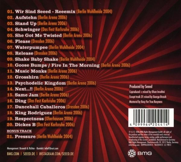 CD-Cover listet Songs von Seeed, mit rotem und goldenem Hintergrund und Barcode.