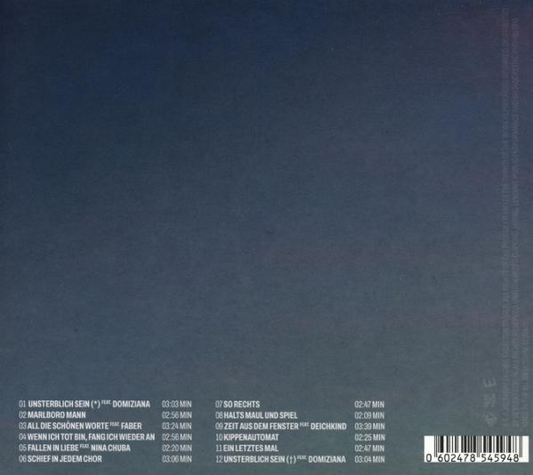 Album-Rückseite. Dunkelblauer Hintergrund mit Titelliste und Zeiten. Weißer Text und Barcode unten rechts.