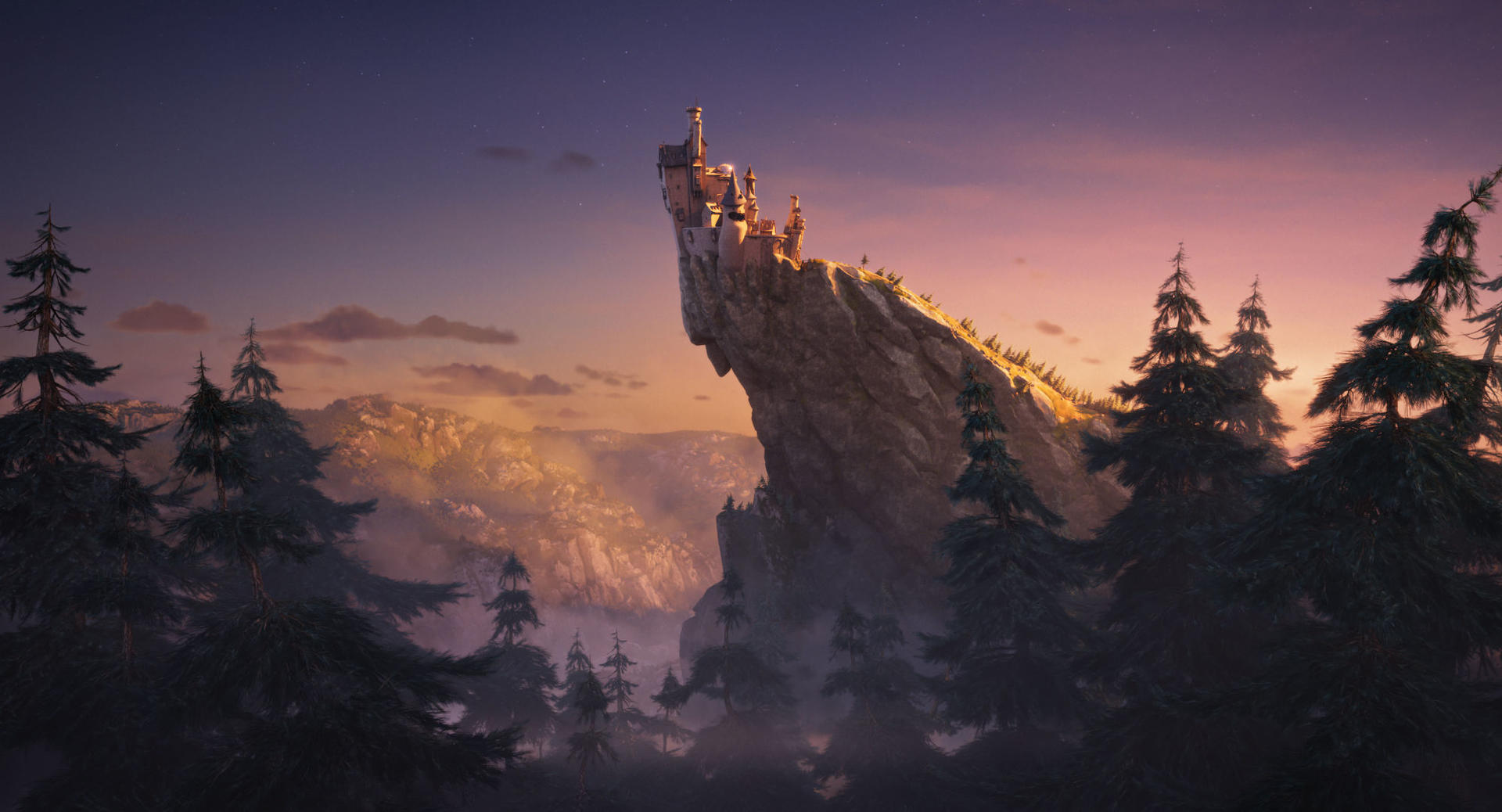 Ein Schloss thront auf einer hohen Felsformation. Kiefern füllen den Vordergrund. Der Himmel ist eine Mischung aus Orange, Lila und Blau.