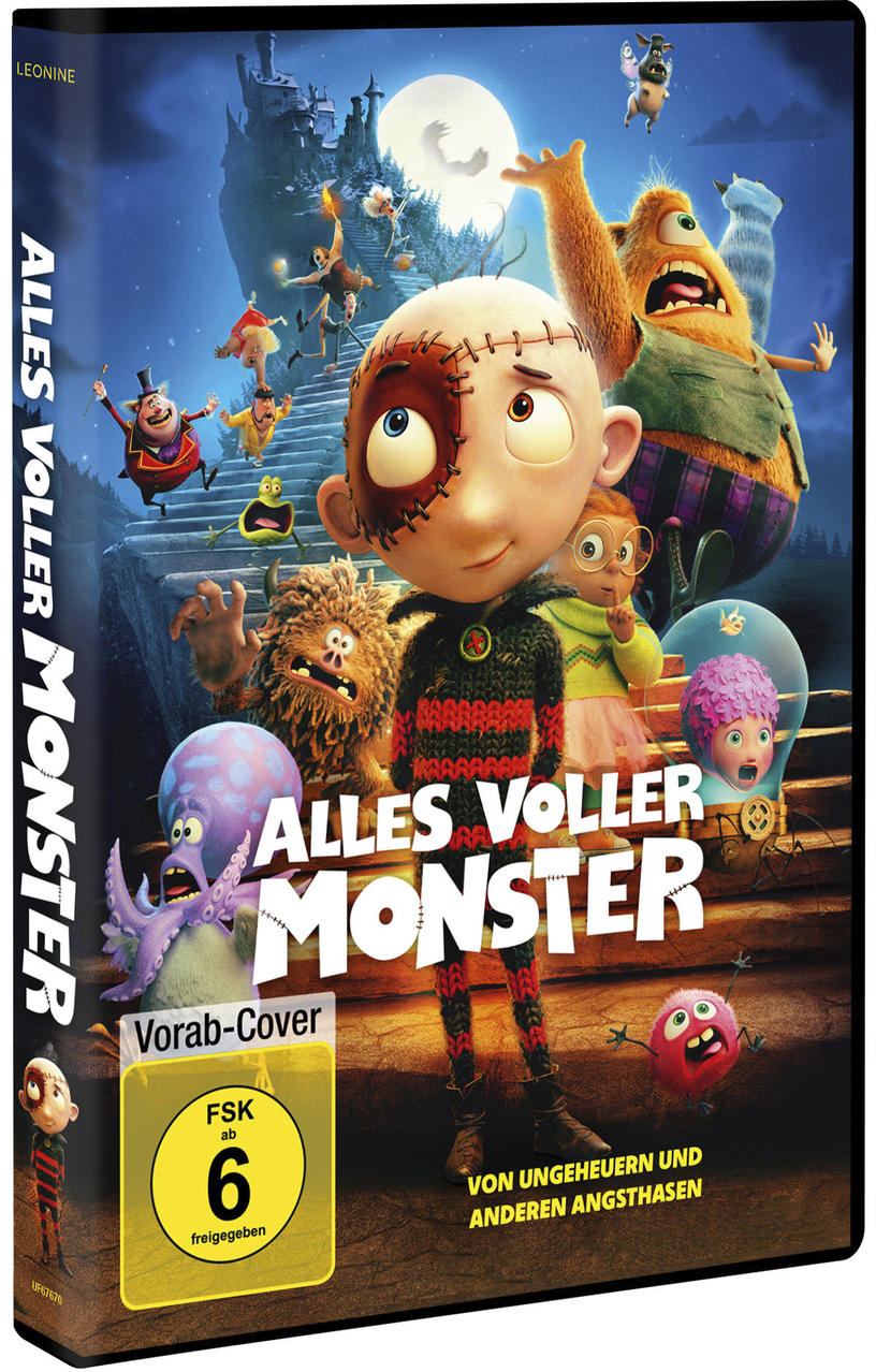 DVD-Cover von "Alles Voller Monster". Zeigt einen Jungen mit genähtem Gesicht und Monster vor einer mondbeschienenen Nacht.