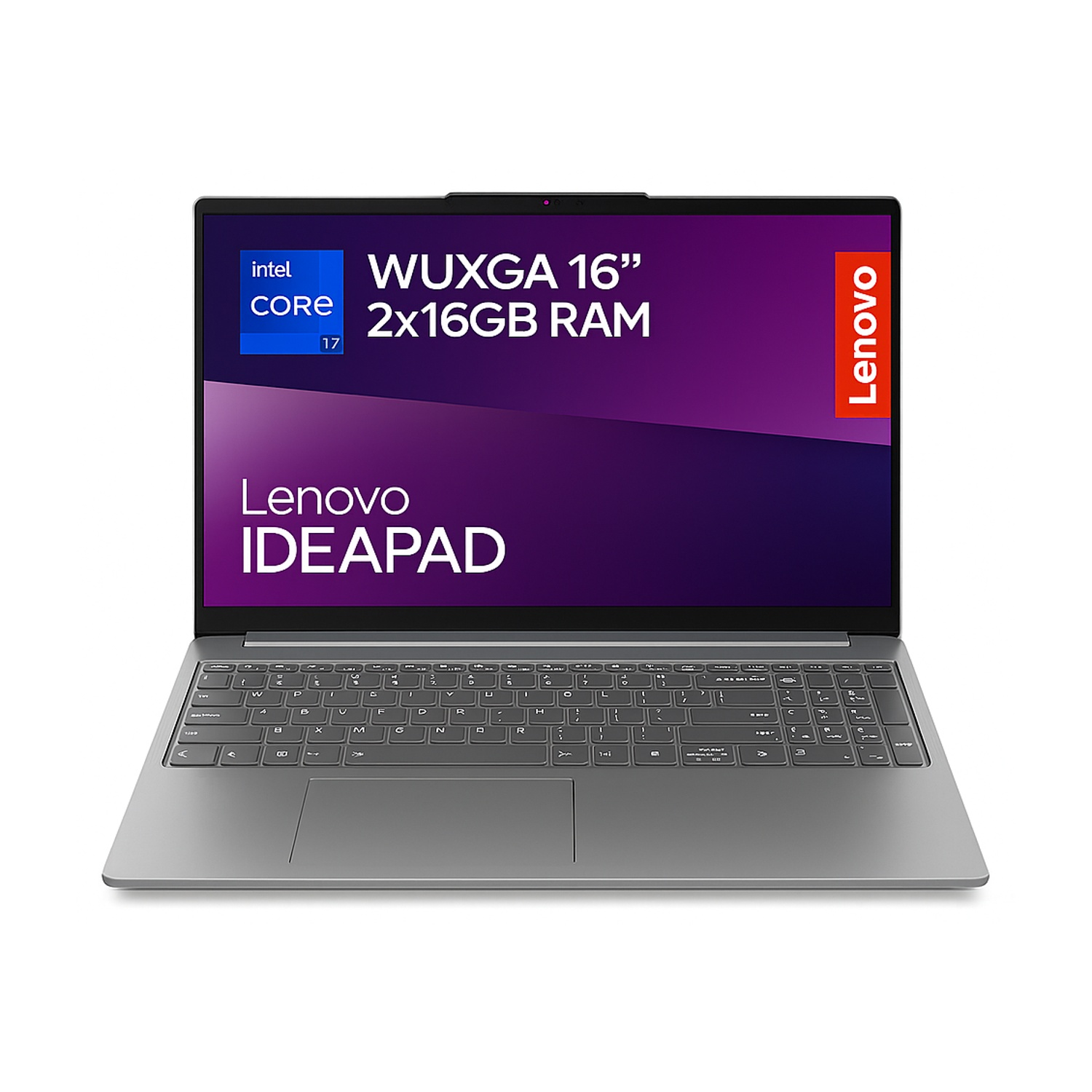 Viene visualizzato un laptop Lenovo IdeaPad. Lo schermo mostra le specifiche. La tastiera è visibile, con una finitura metallica grigia.