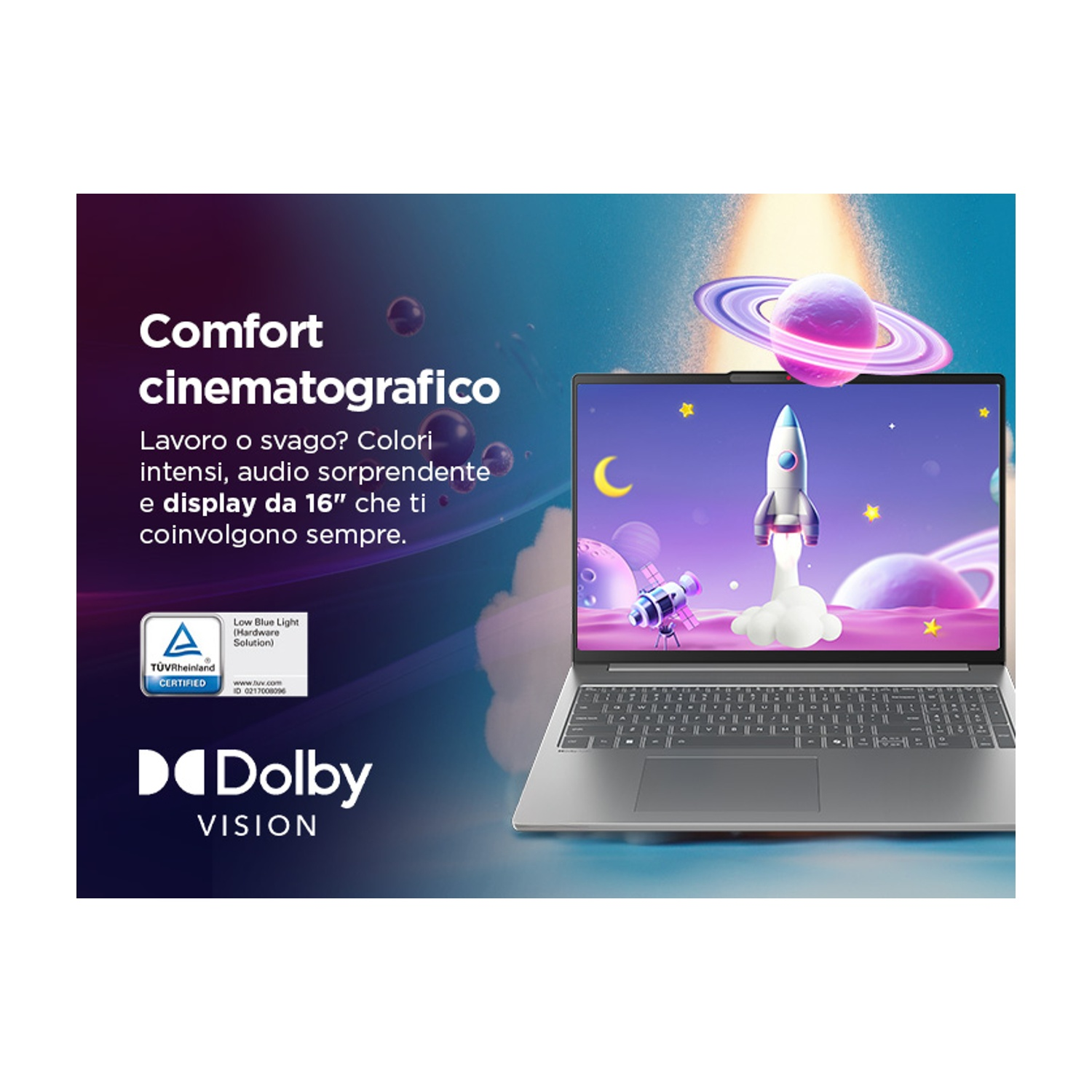 Laptop con razzo che decolla sullo schermo, pianeta con anelli sopra e testo sul comfort cinematografico.
