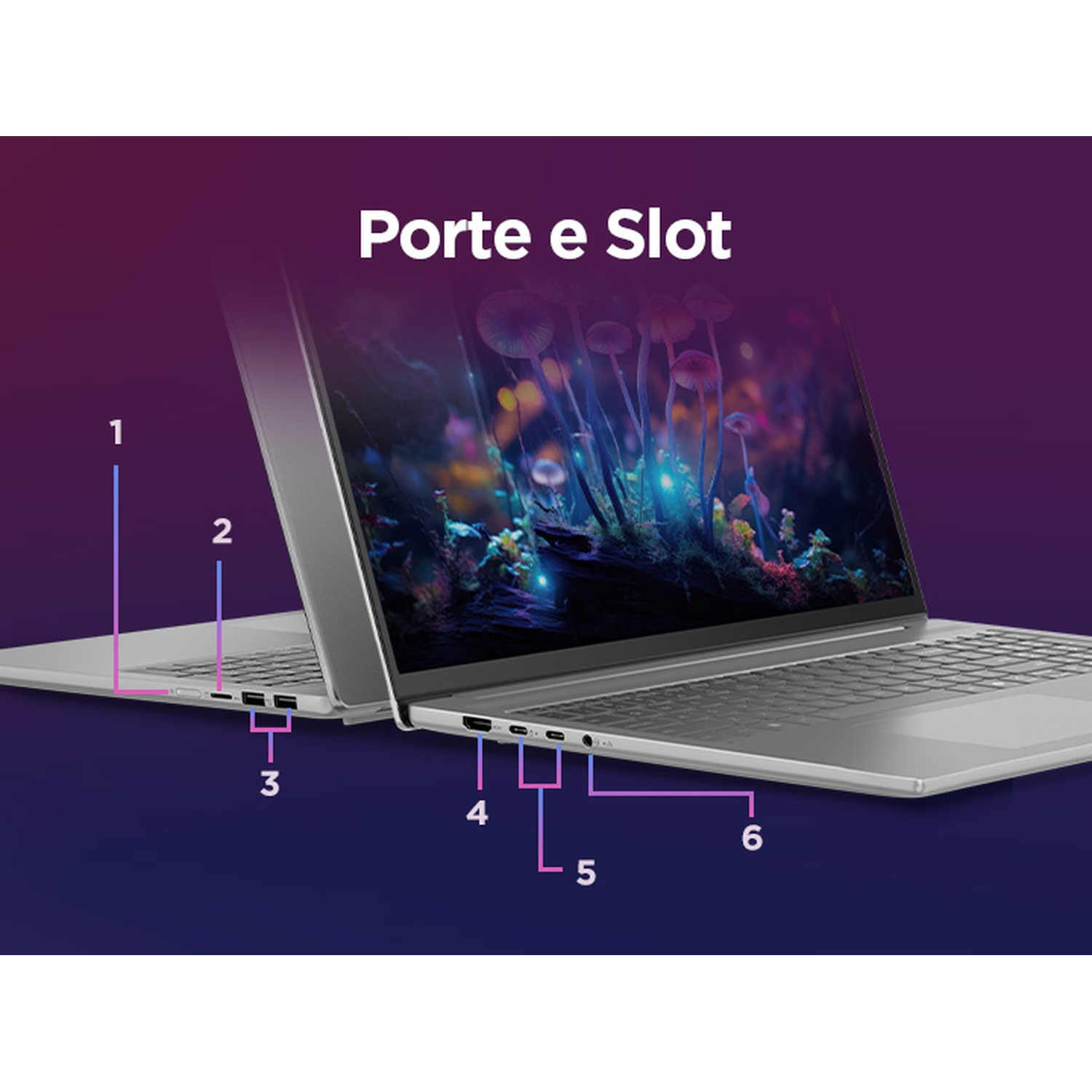 Laptop con porte e slot etichettati 1-6. Lo schermo mostra un'immagine colorata. Il testo in alto dice 'Porte e Slot'.