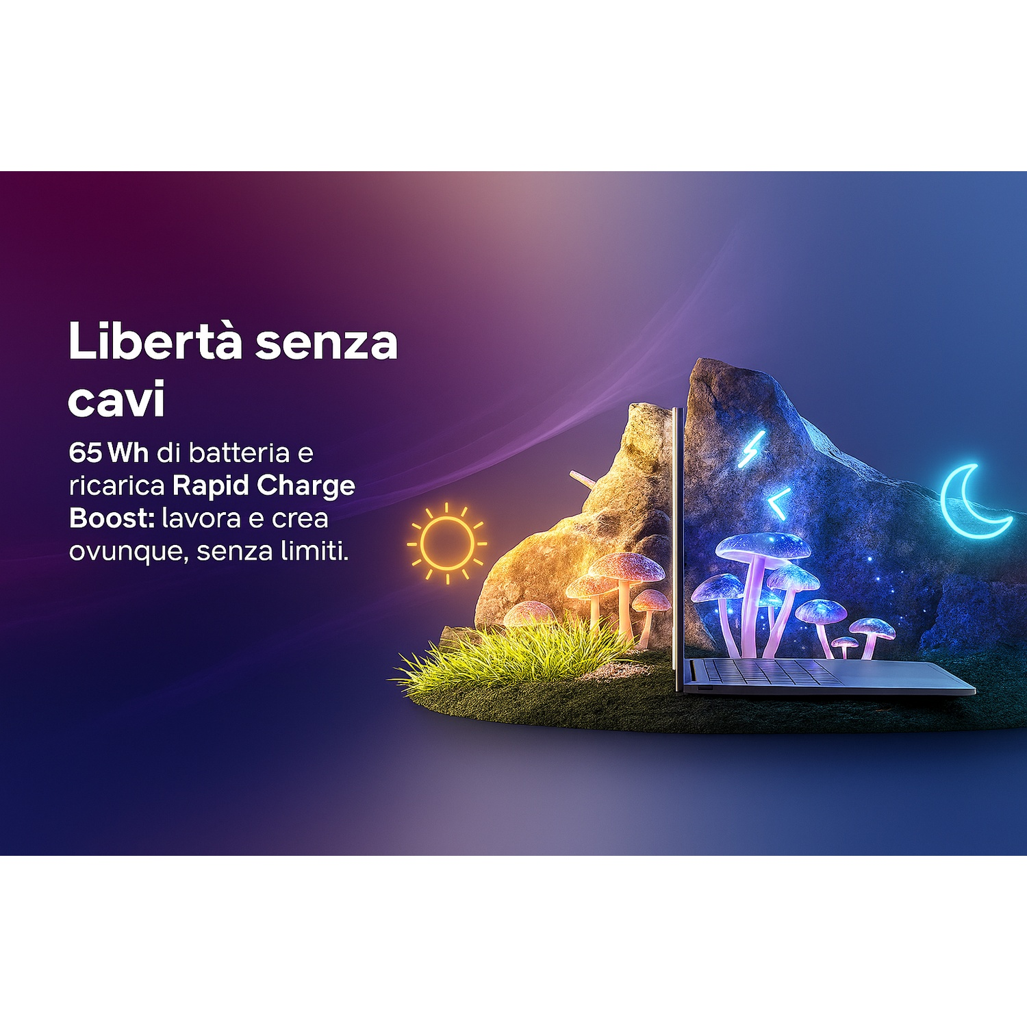 Laptop su roccia con funghi, sole e luna. Testo 'Libertà senza cavi' e info batteria.