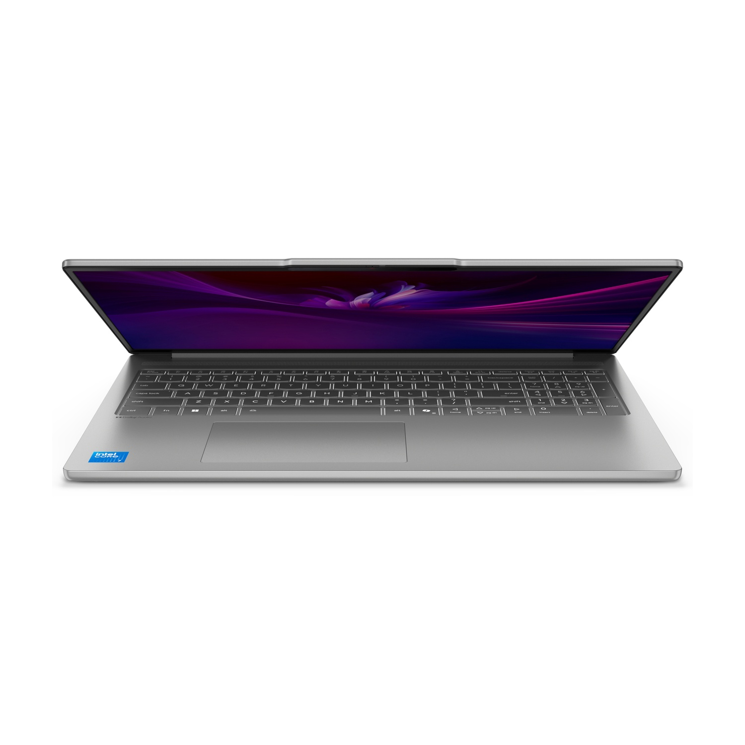 Laptop aperto con corpo argentato. Lo schermo mostra un'immagine astratta viola e rosa. C'è un adesivo Intel sulla tastiera.