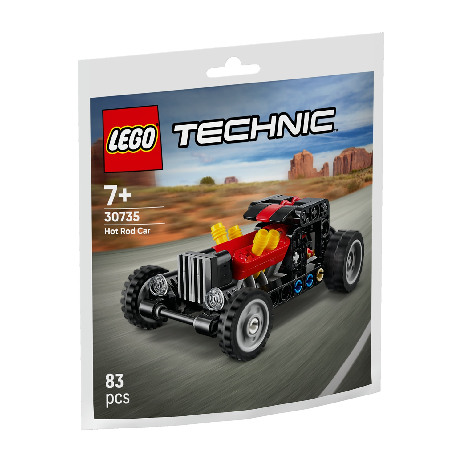 Un kit Lego Technic Hot Rod Car in una busta. La busta mostra il modello dell'auto su una strada con sfondo desertico e il logo Lego.