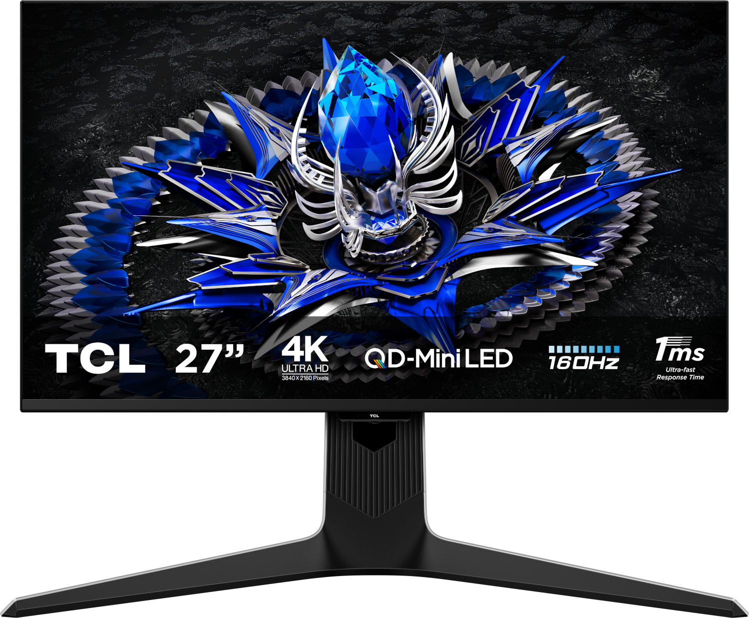 Moniteur TCL 27" 4K. Dispose d'un design stylisé bleu et argenté à l'écran. Inclut du texte pour QD-Mini LED, 160Hz et temps de réponse de 1ms.