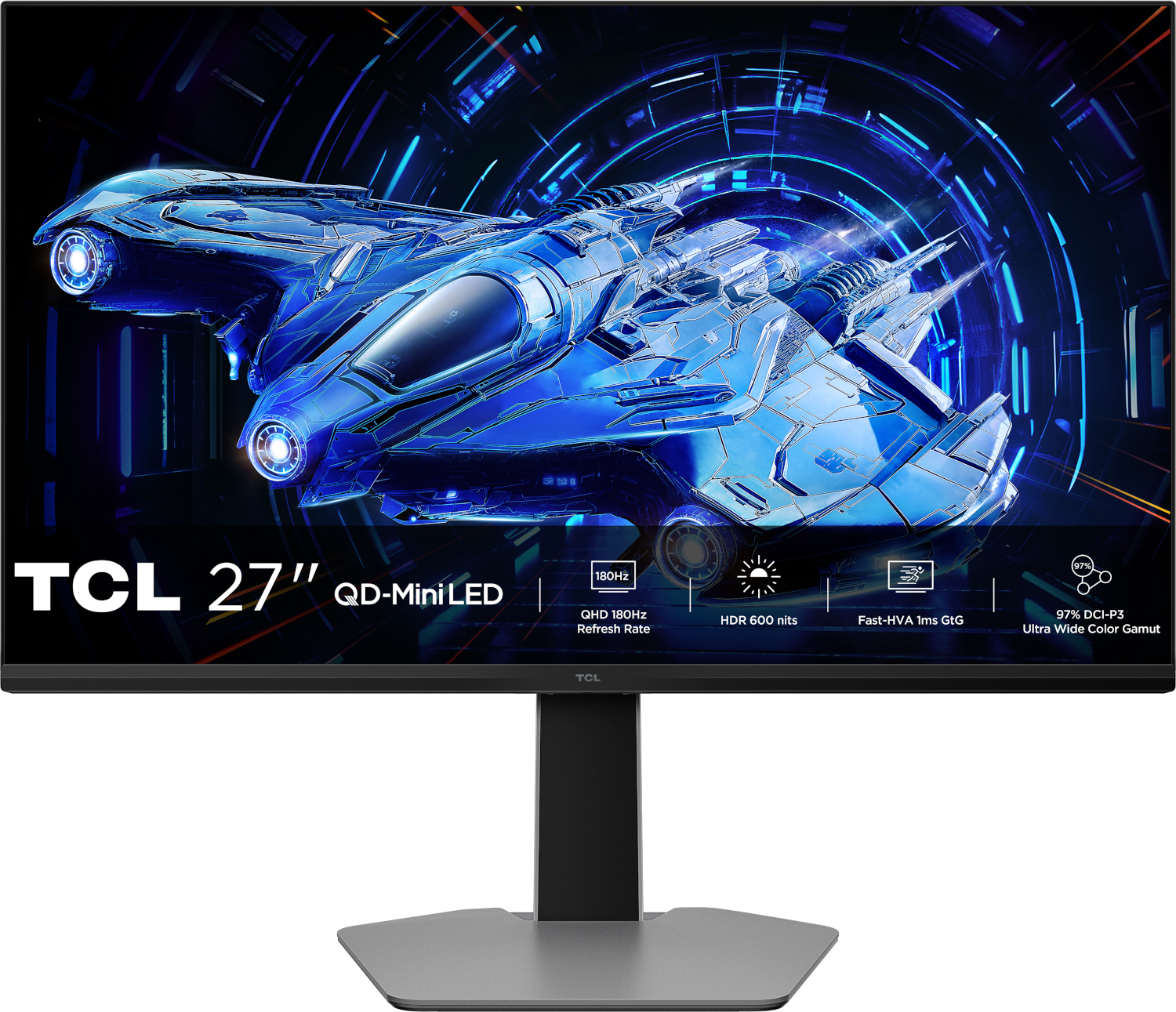 Moniteur TCL 27" avec un design de vaisseau spatial bleu futuriste à l'écran. Caractéristiques : 180Hz, HDR 600 nits et une large gamme de couleurs.
