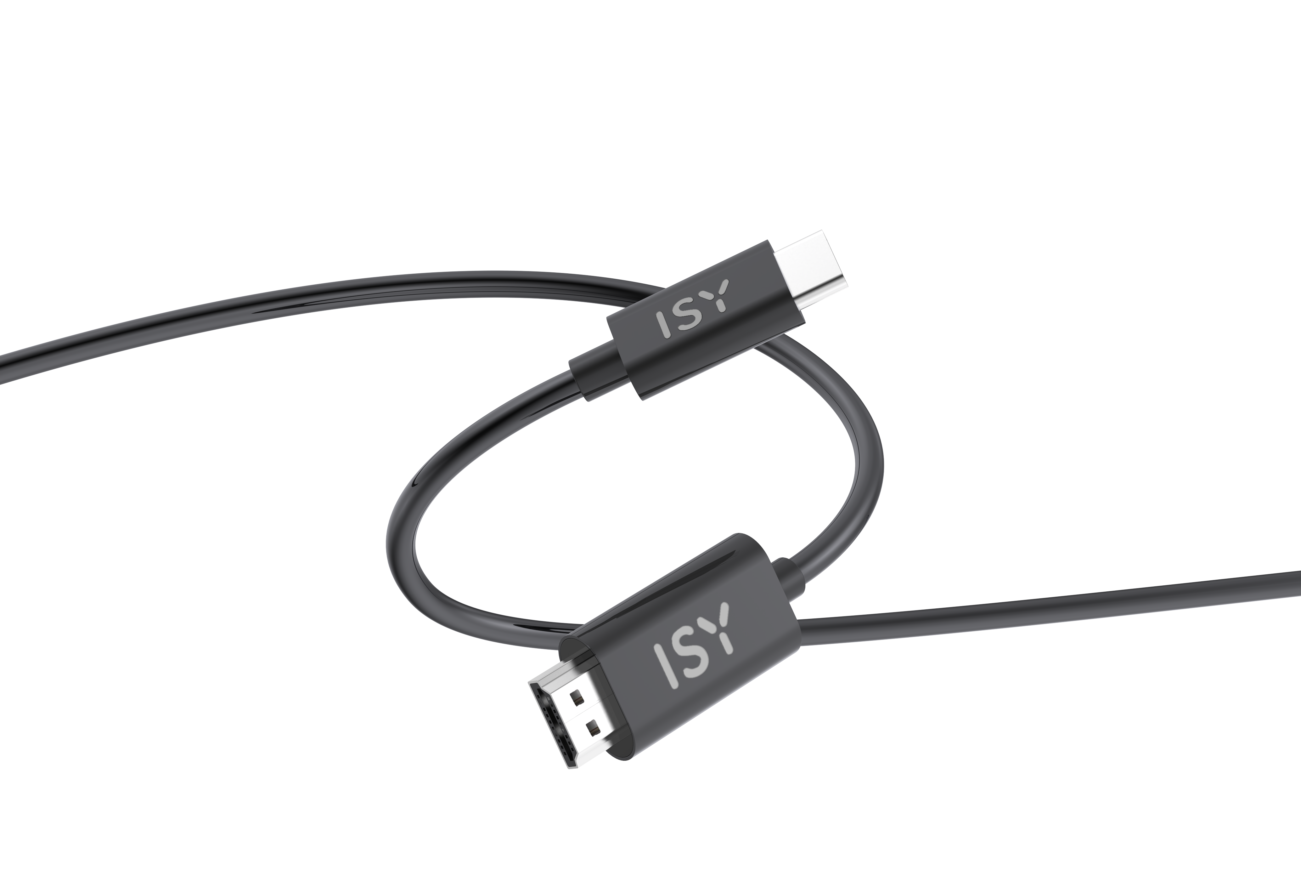 Czarny kabel ISY USB-C do HDMI, zakrzywiony na czarnym tle. Widoczna jest nazwa marki ISY.