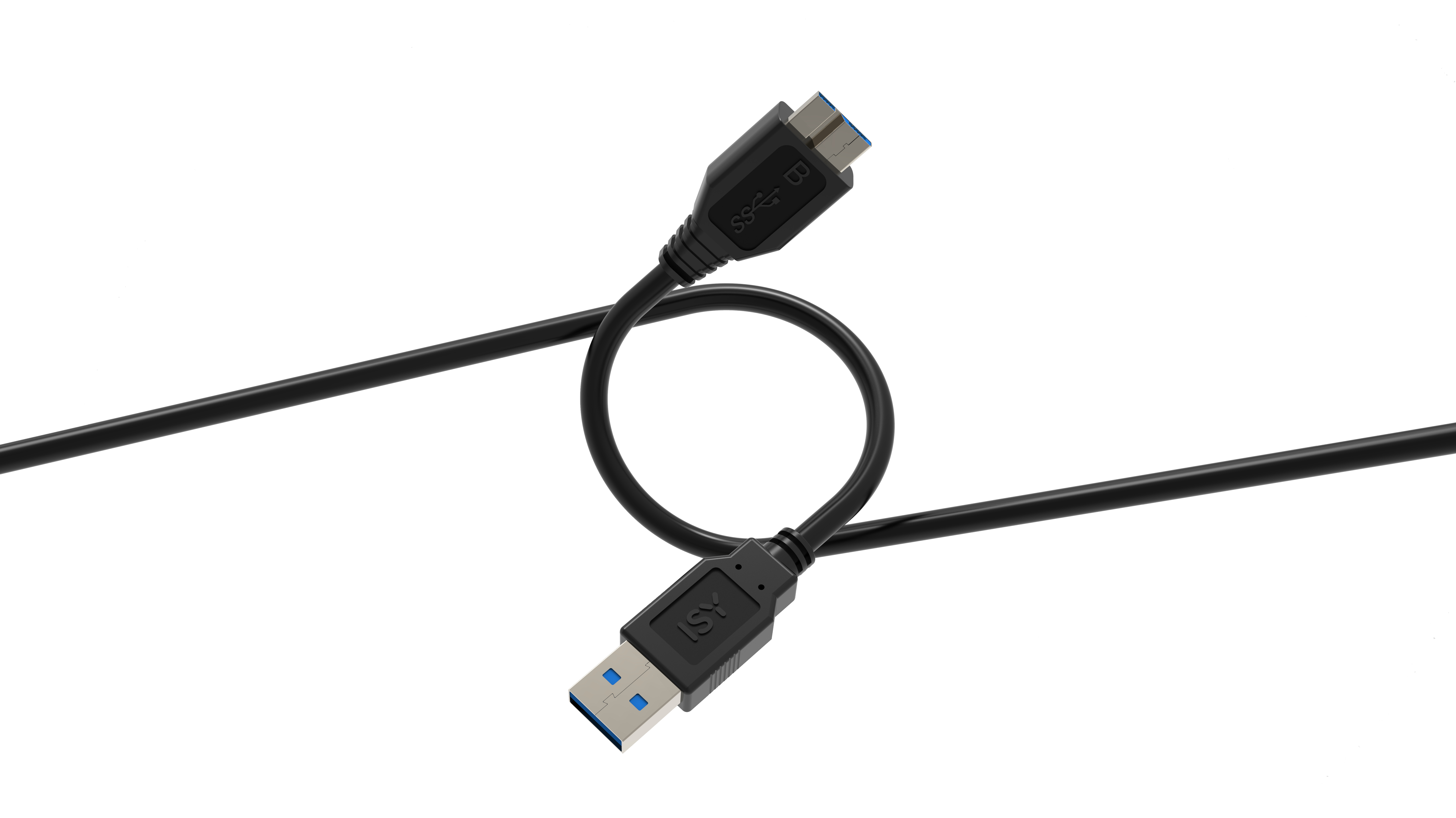 Schwarzes USB-Kabel mit zwei Anschlüssen. Einer ist USB-A, der andere USB-B. Das Kabel ist vor weißem Hintergrund geschlungen.