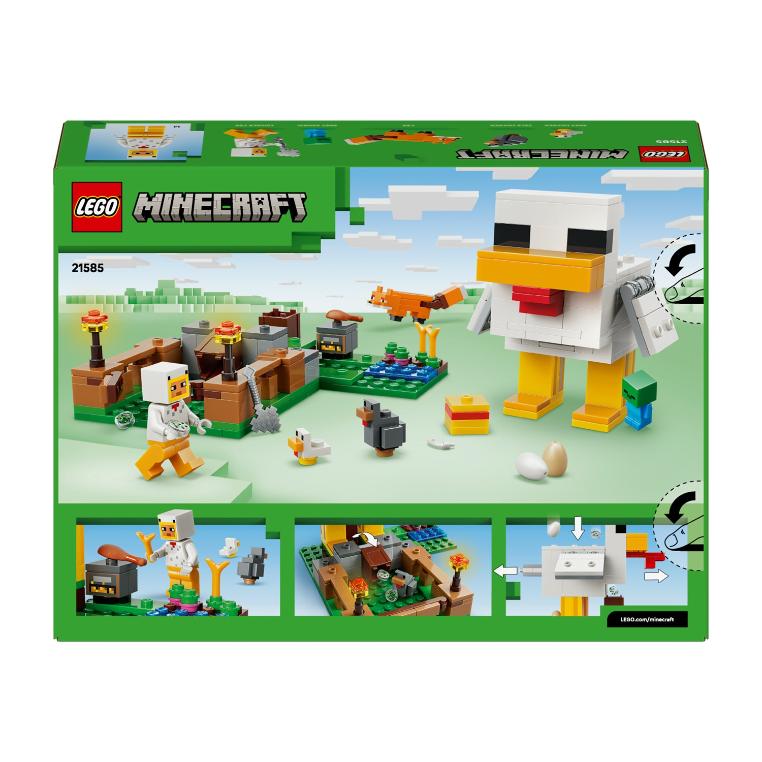 Scatola del set LEGO Minecraft. Presenta una figura di pollo a blocchi, minifigure e una scena della fattoria con animali, uova e strutture.