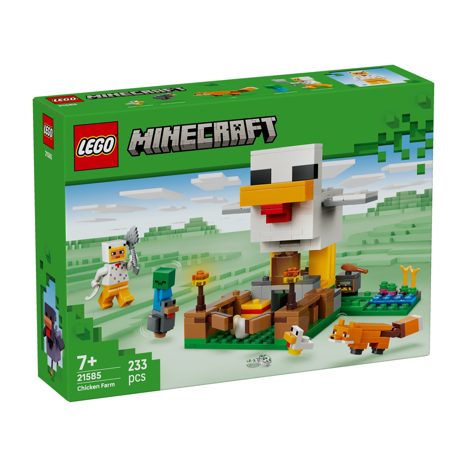 Scatola del set Lego Minecraft. Mostra una fattoria di polli con personaggi, animali e il logo Minecraft.