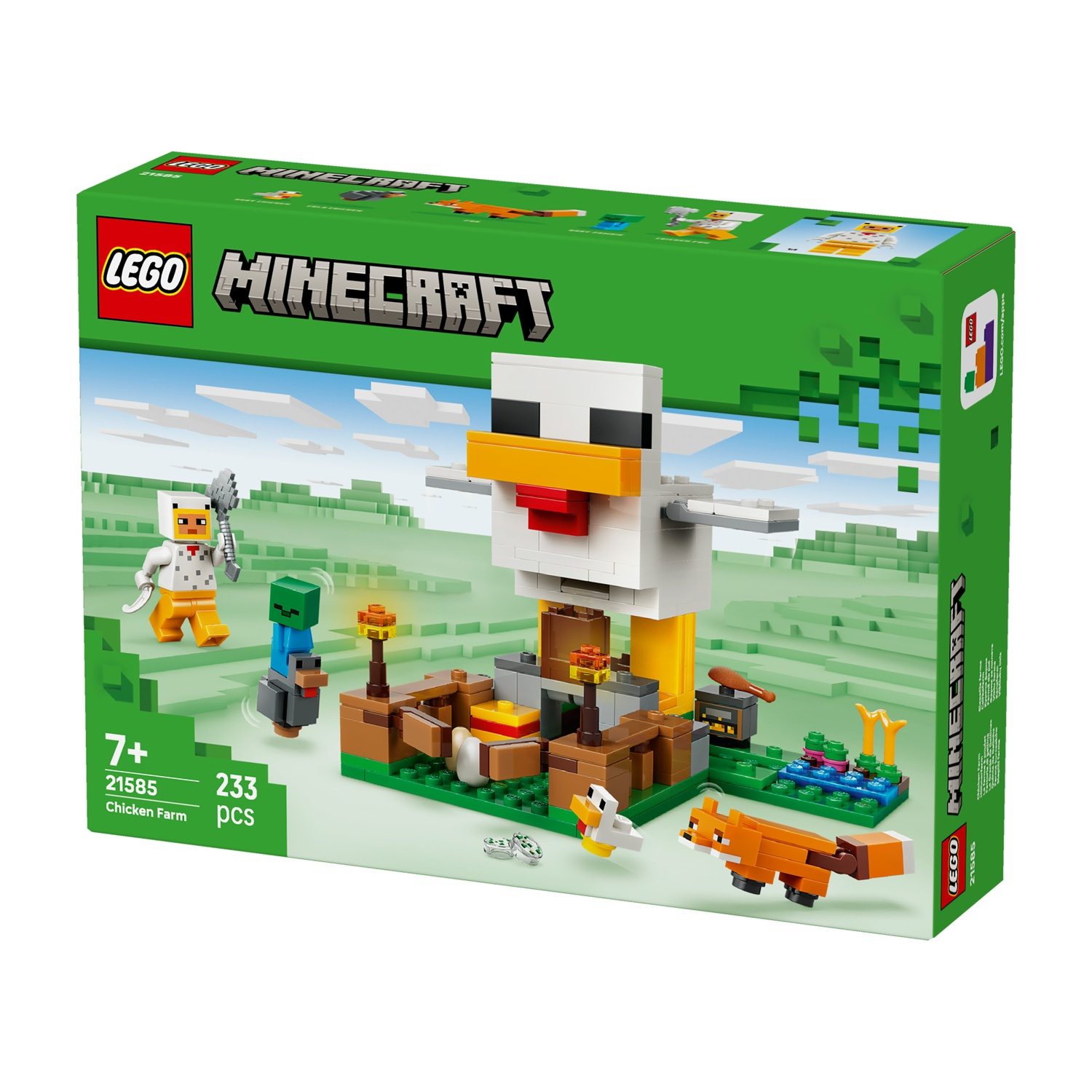 Scatola del set Lego Minecraft Chicken Farm. Include personaggi Lego, una grande struttura a forma di pollo e una volpe. Sfondo verde.