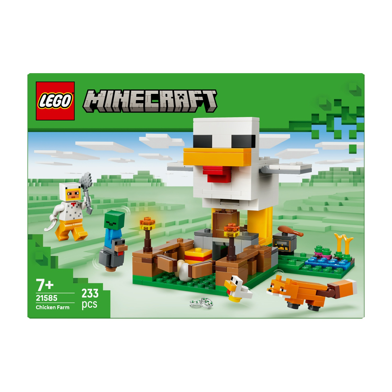 Set LEGO Minecraft Chicken Farm. Include pollo, volpe, personaggi e struttura della fattoria. Sfondo verde con cielo e logo Minecraft.