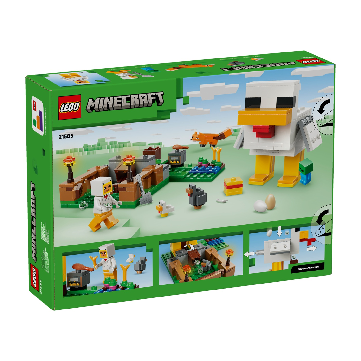 Scatola LEGO Minecraft. Presenta un grande pollo bianco, un personaggio di Minecraft e varie strutture a blocchi a tema fattoria.