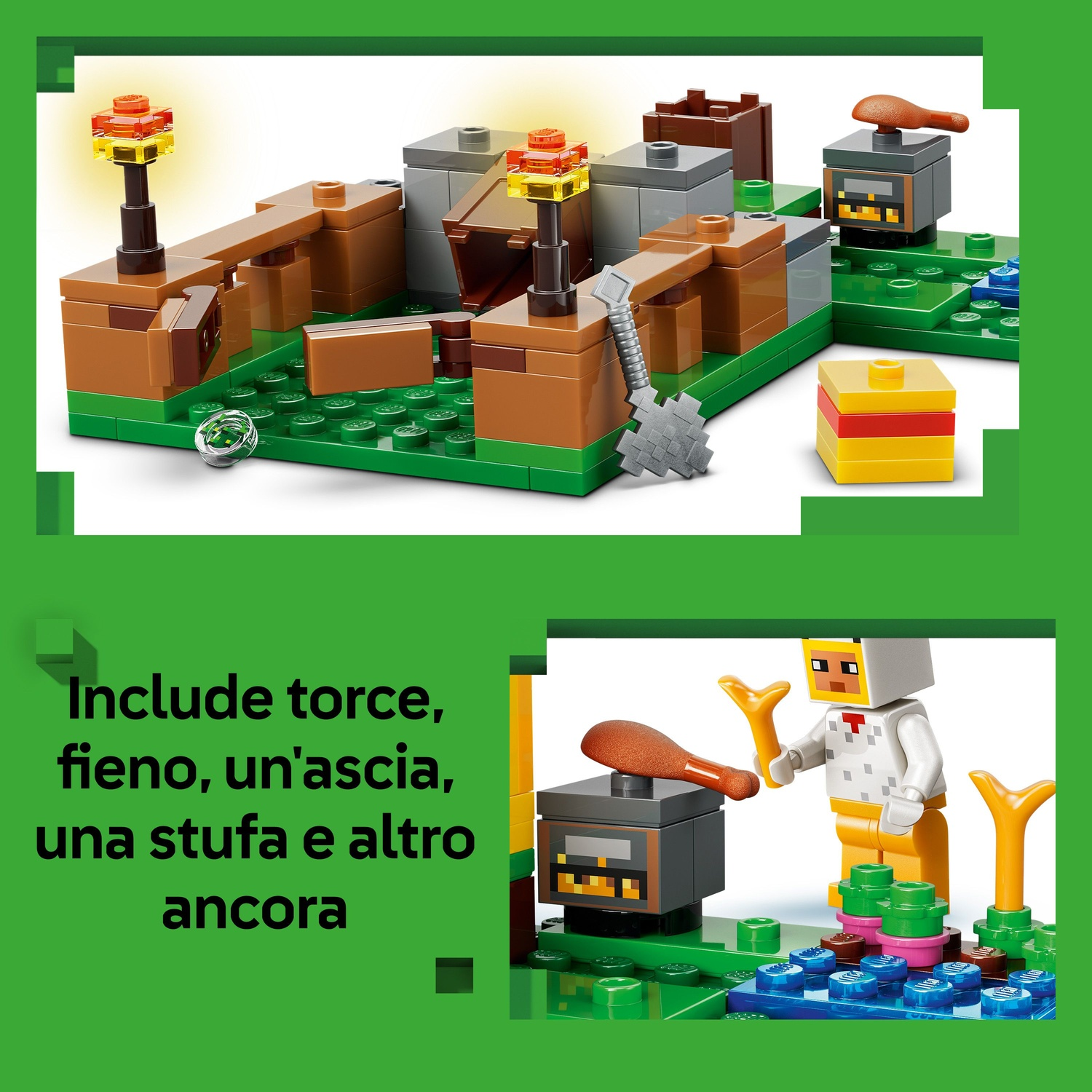 Set Lego Minecraft con torce, una fornace, fieno, una spada e una figura di pollo. La scena è costruita su basi verdi.