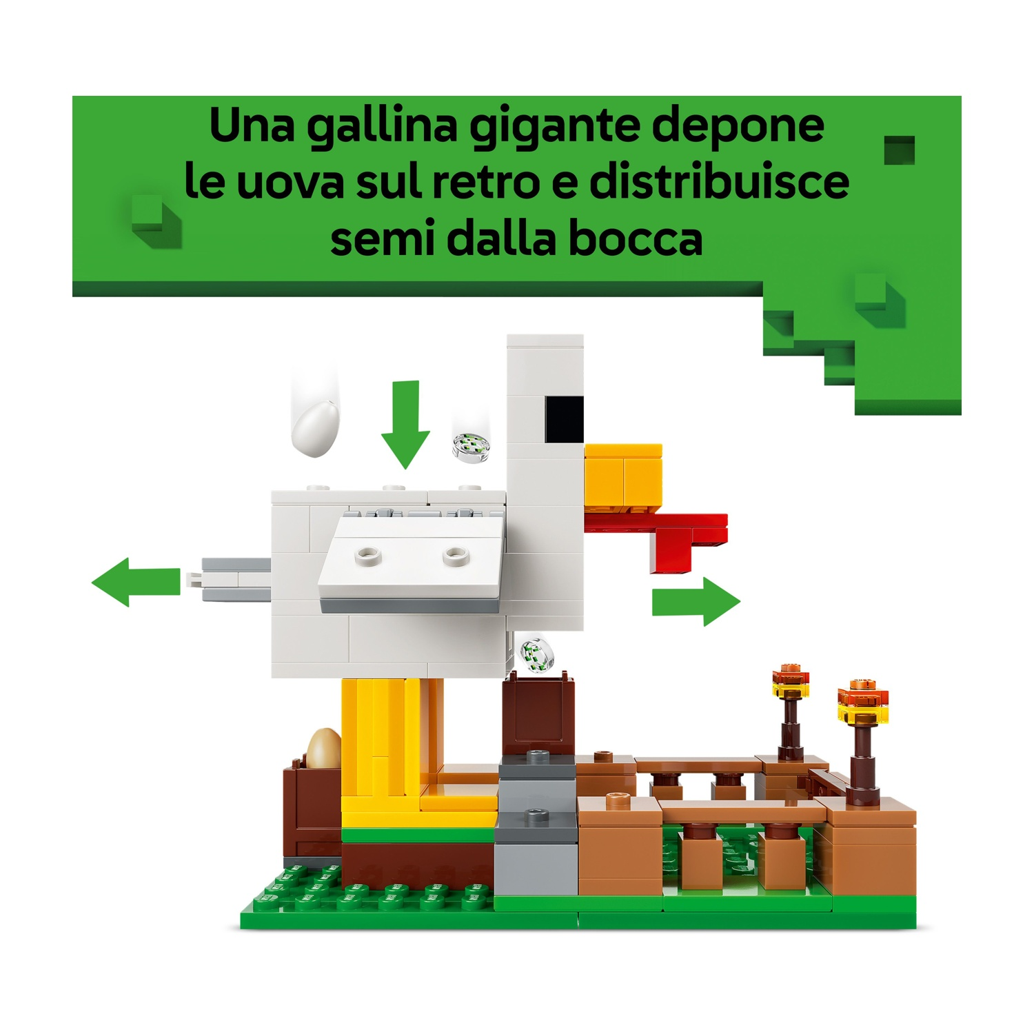 Una figura di pollo Lego è mostrata, con una base verde e strutture gialle e marroni. Il pollo distribuisce semi e depone le uova.