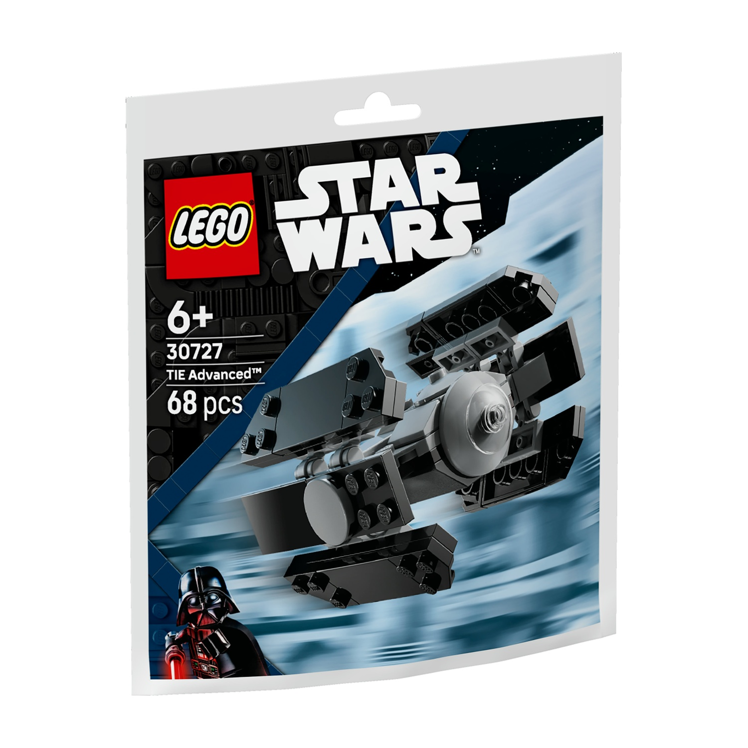 Un set Lego Star Wars in una busta. Presenta un caccia TIE Advanced, il logo Star Wars e l'immagine di Darth Vader.
