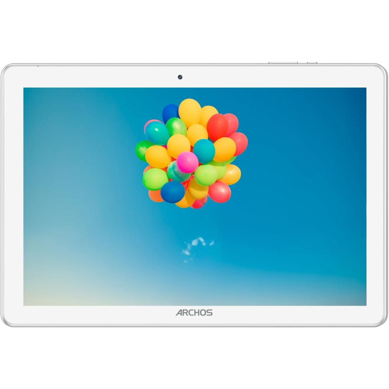 Écran de tablette montrant un groupe de ballons colorés sur fond de ciel bleu. Cadre de tablette blanc. Logo Archos en bas.