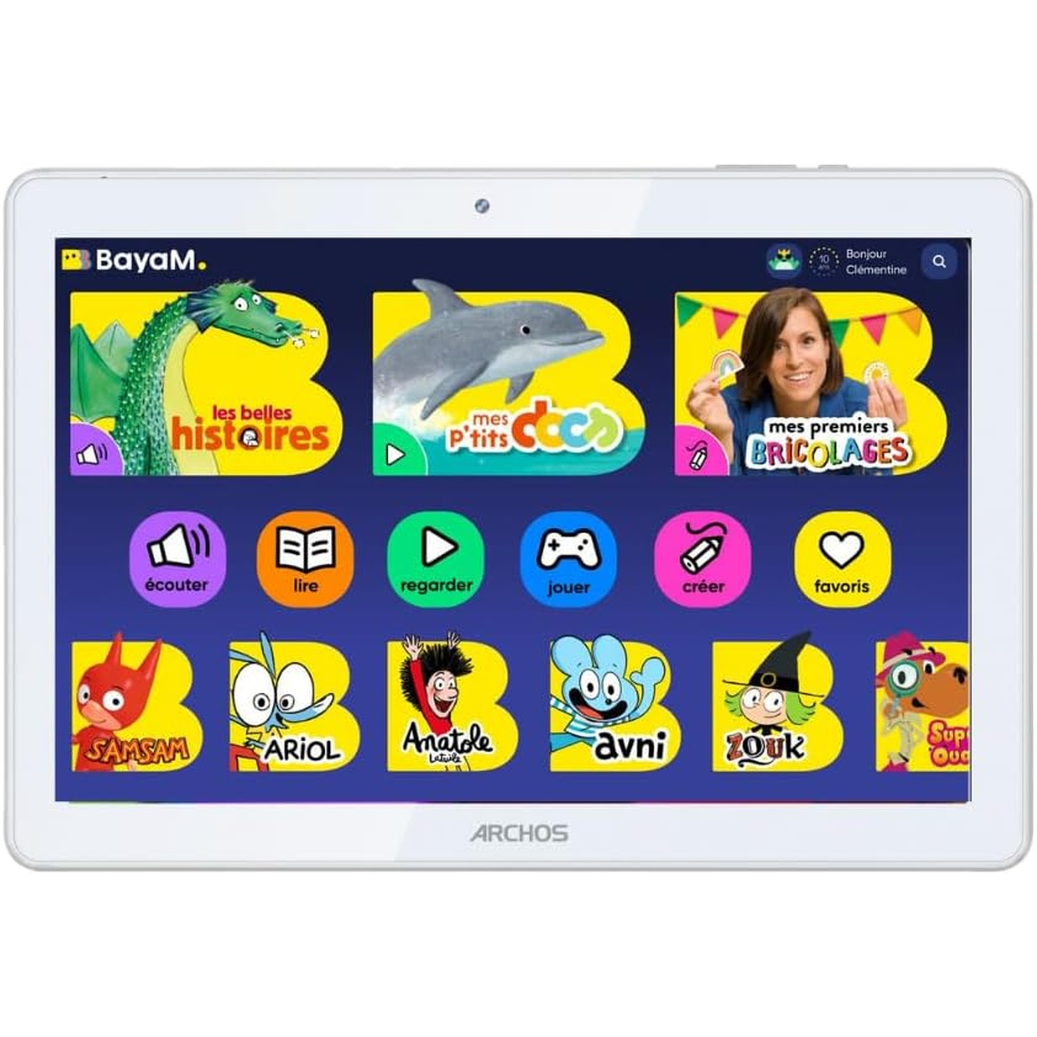 Une tablette blanche affiche une interface d'applications colorée pour enfants. Les icônes incluent un dragon, un dauphin et une femme. La tablette porte la marque Archos.