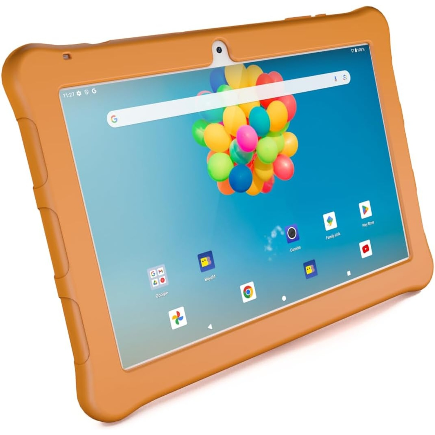 Une tablette orange affiche un groupe de ballons colorés. La tablette a un boîtier orange, une barre de recherche Google et des icônes d'applications.