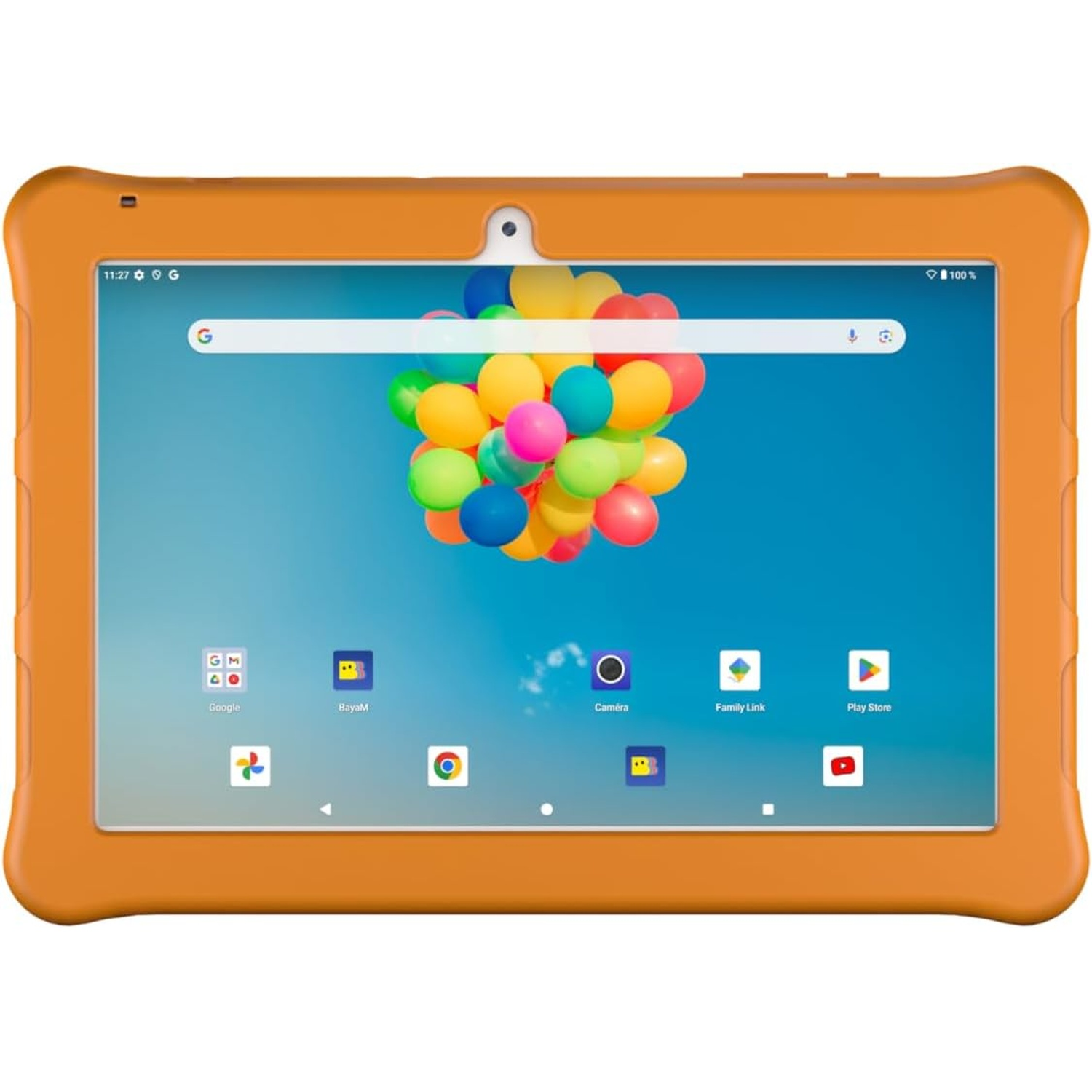 Une tablette orange affiche un groupe de ballons colorés. Les icônes Google, Caméra et Play Store sont visibles.
