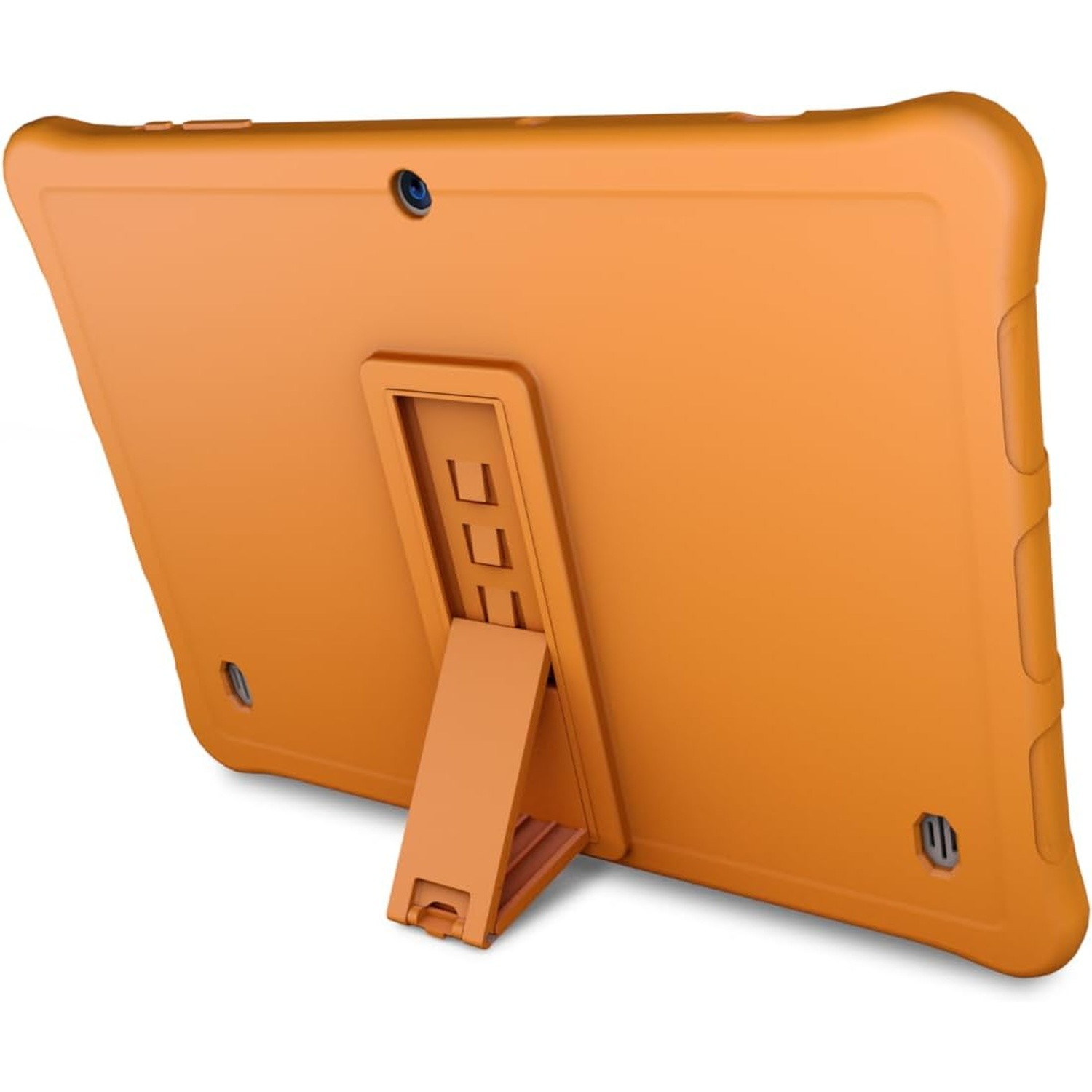 Une tablette orange avec un support. La tablette est dans un étui de protection. Le support maintient la tablette à la verticale.