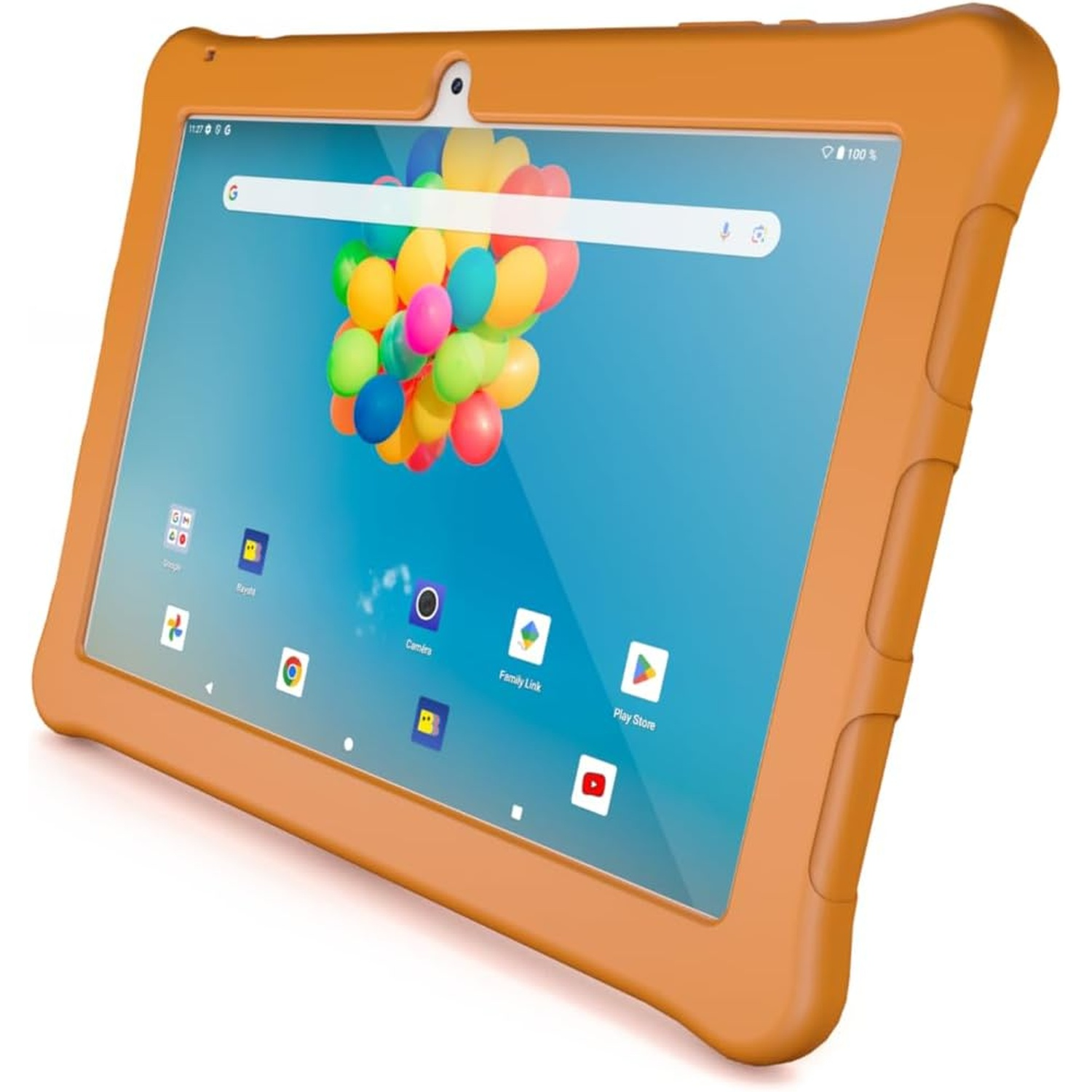 Une tablette orange avec un écran bleu affiche des ballons colorés. Elle a une coque de protection et des icônes d'applications.