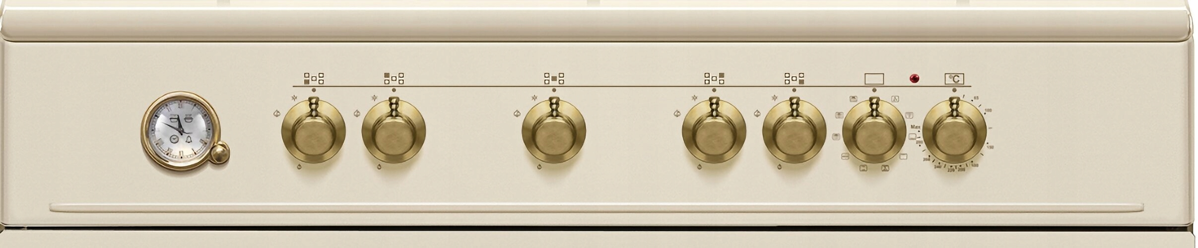 Kremowy front piekarnika z mosiężnymi pokrętłami, zegarem i regulatorami temperatury. Pokrętła rozmieszczone z przodu.