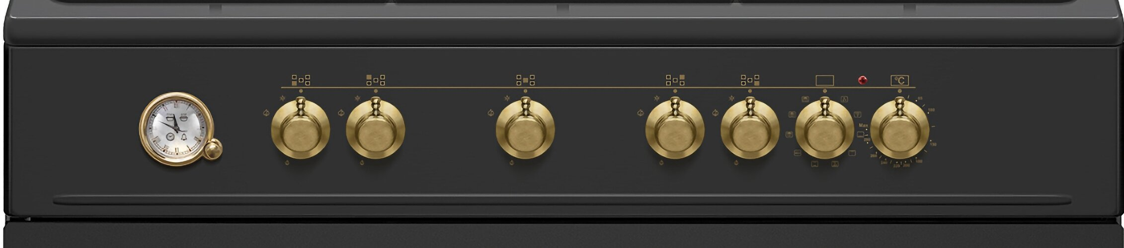 Czarny front piekarnika ze złotymi pokrętłami i wskaźnikiem temperatury. Ma kilka złotych pokręteł i czerwone światło.