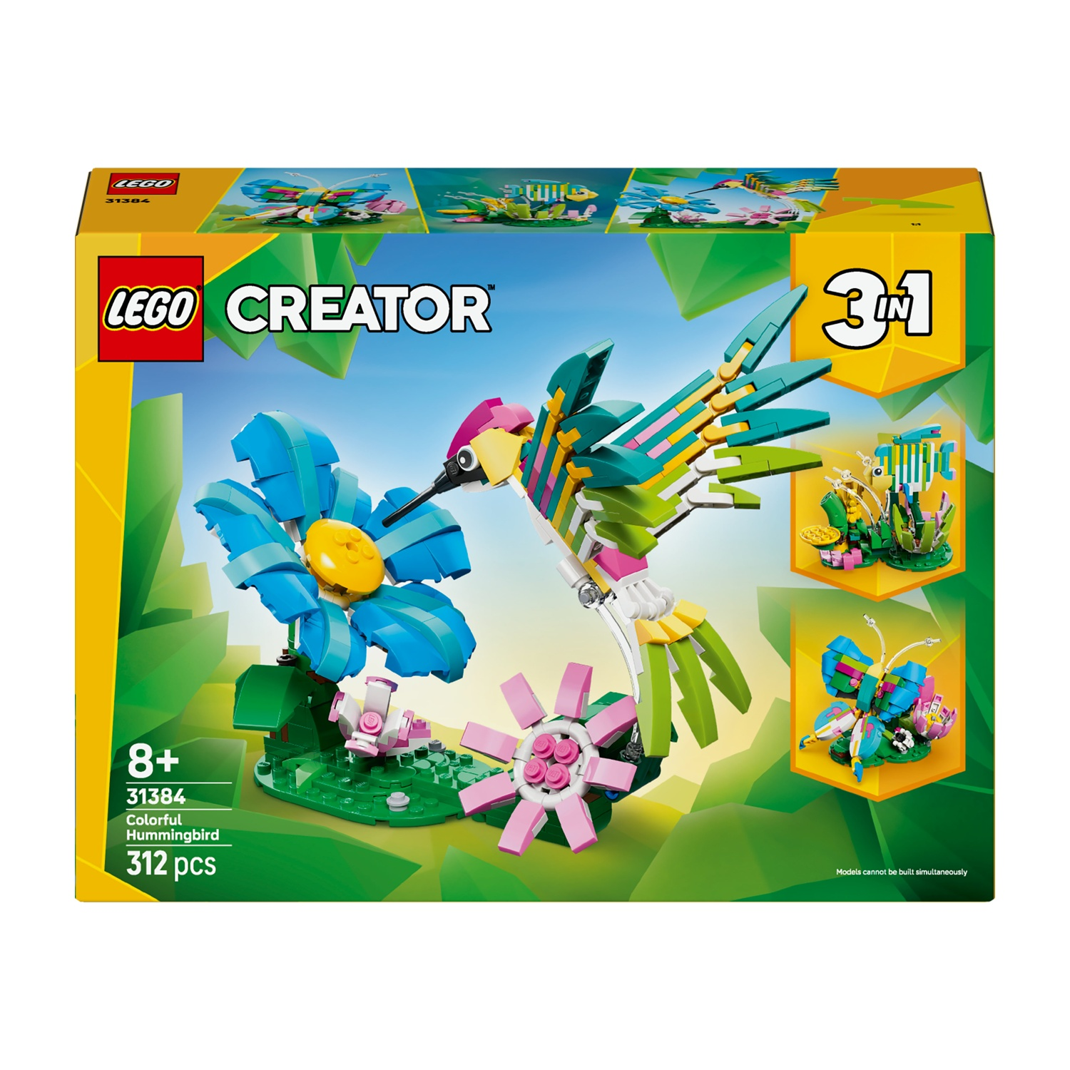 Scatola del set LEGO Creator. Raffigura un colibrì colorato con fiori. La scatola mostra anche una farfalla e un altro design floreale.