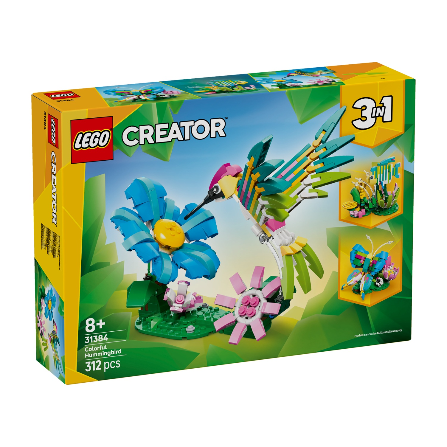 Una scatola LEGO Creator mostra un colorato colibrì fatto di blocchi con un fiore blu. La scatola è verde, gialla e blu.