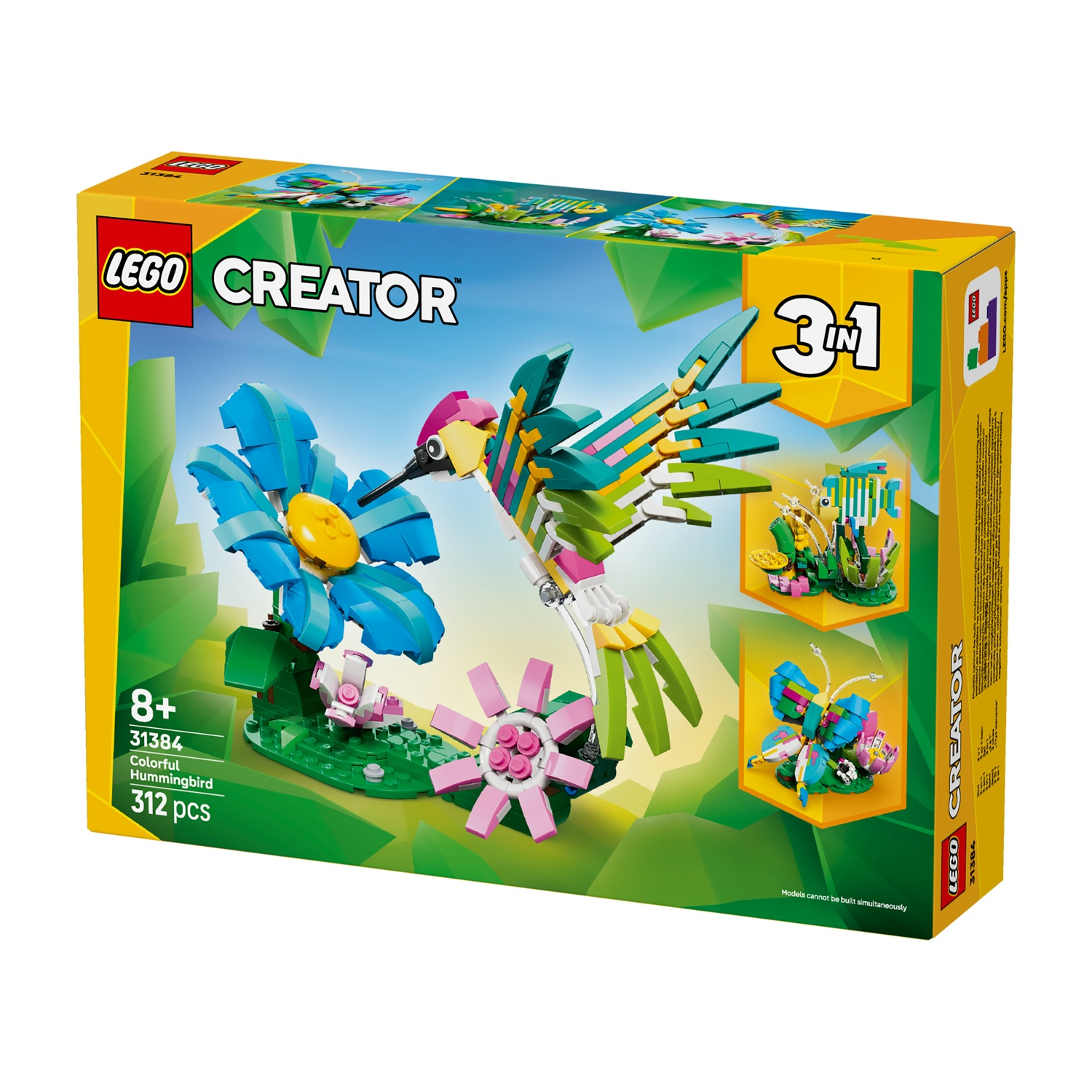 Scatola Lego Creator, con un modello di colibrì colorato. Ha un fiore blu, fiori rosa e un design 3 in 1.