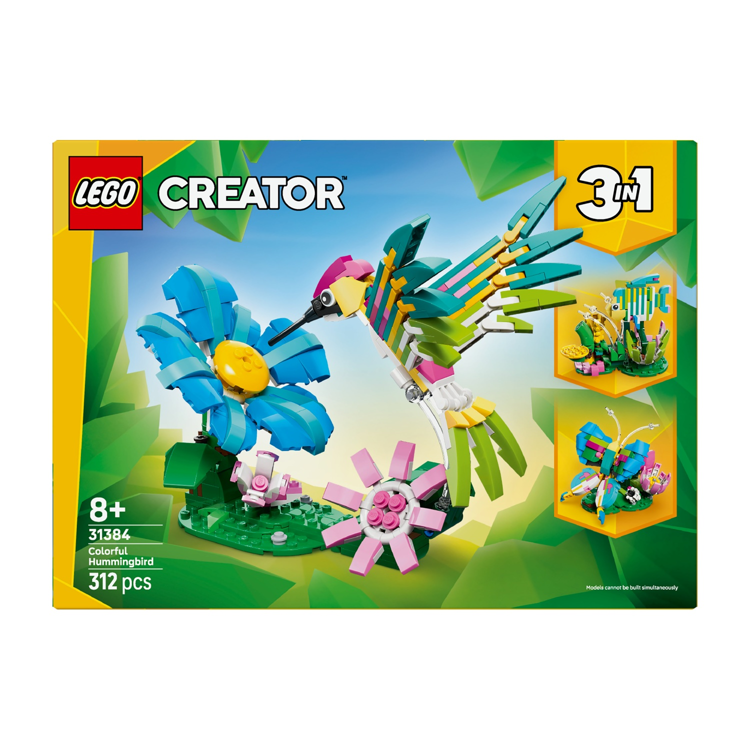 Set LEGO Creator. Un colibrì colorato fatto di blocchi, librato vicino a un fiore blu. Include altre due costruzioni, una farfalla e una pianta.