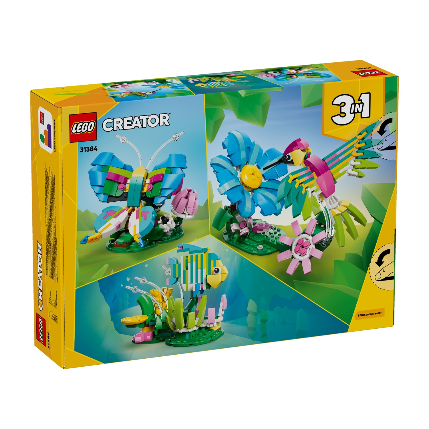 Scatola del set LEGO Creator 3-in-1. Presenta una farfalla, un uccello con un fiore e un pesce con alghe, tutti in mattoncini LEGO.