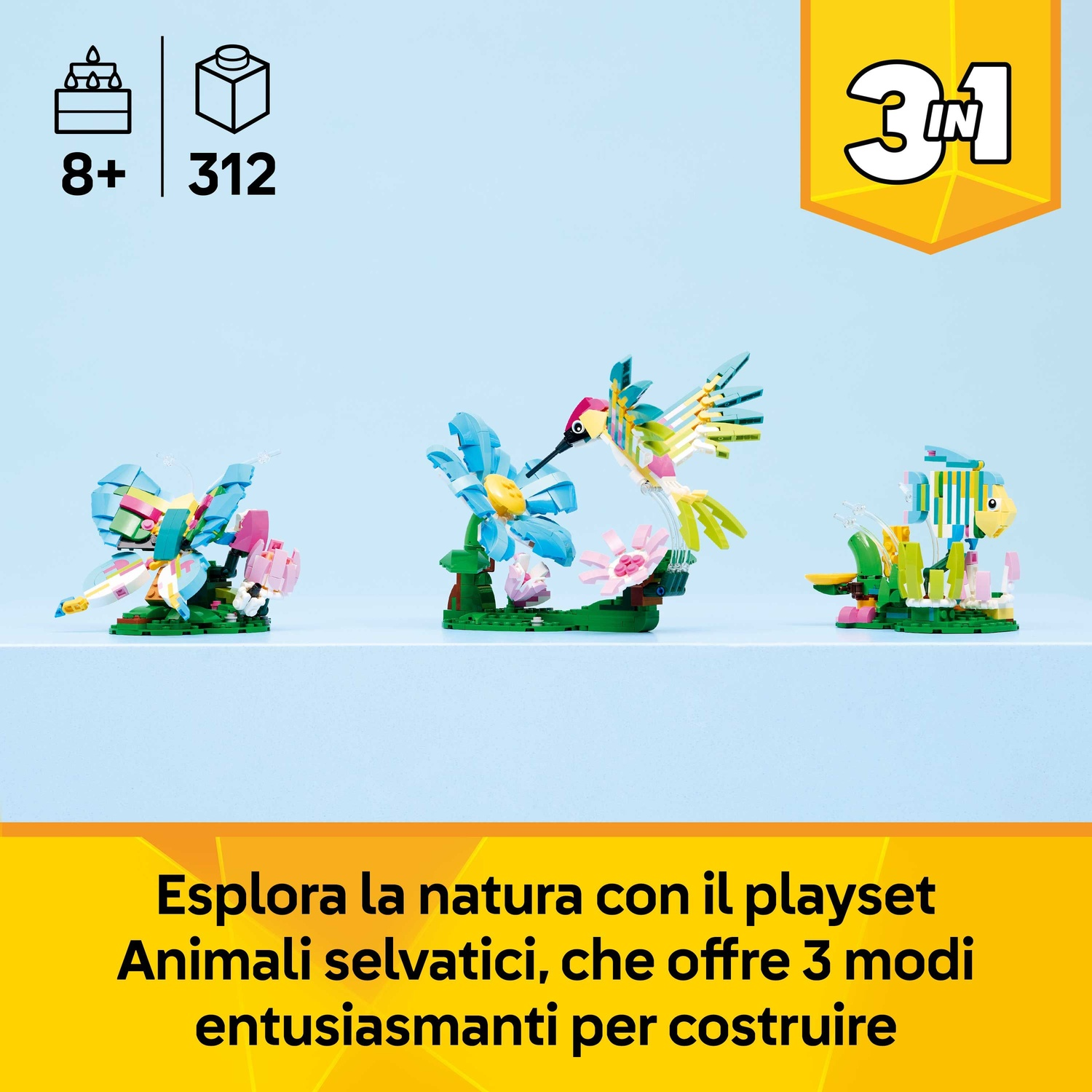Un set di animali Lego, tra cui una farfalla, un colibrì e un pesce. Lo sfondo è azzurro, con testo in basso.