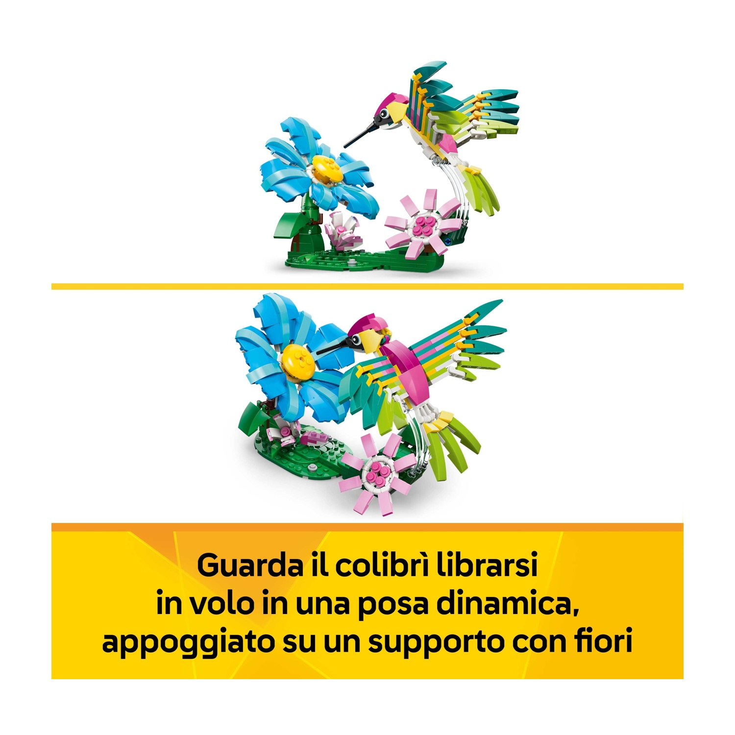 Un colibrì Lego si libra vicino a fiori blu e rosa. Ha un corpo verde, giallo e rosa. I fiori sono su una base verde.