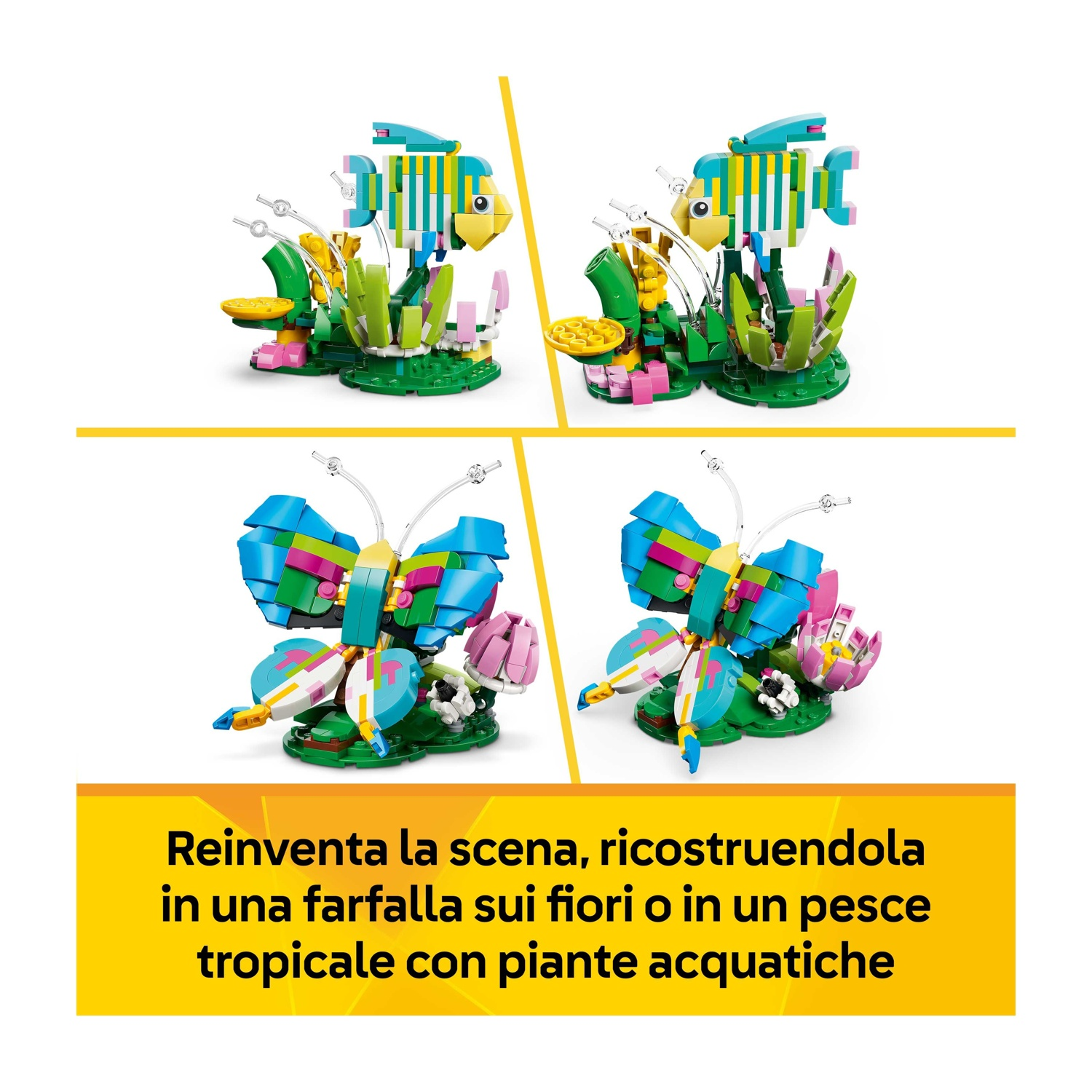 L'immagine mostra costruzioni Lego: un pesce colorato e una farfalla. Il pesce è in un ambiente tropicale, la farfalla sui fiori.