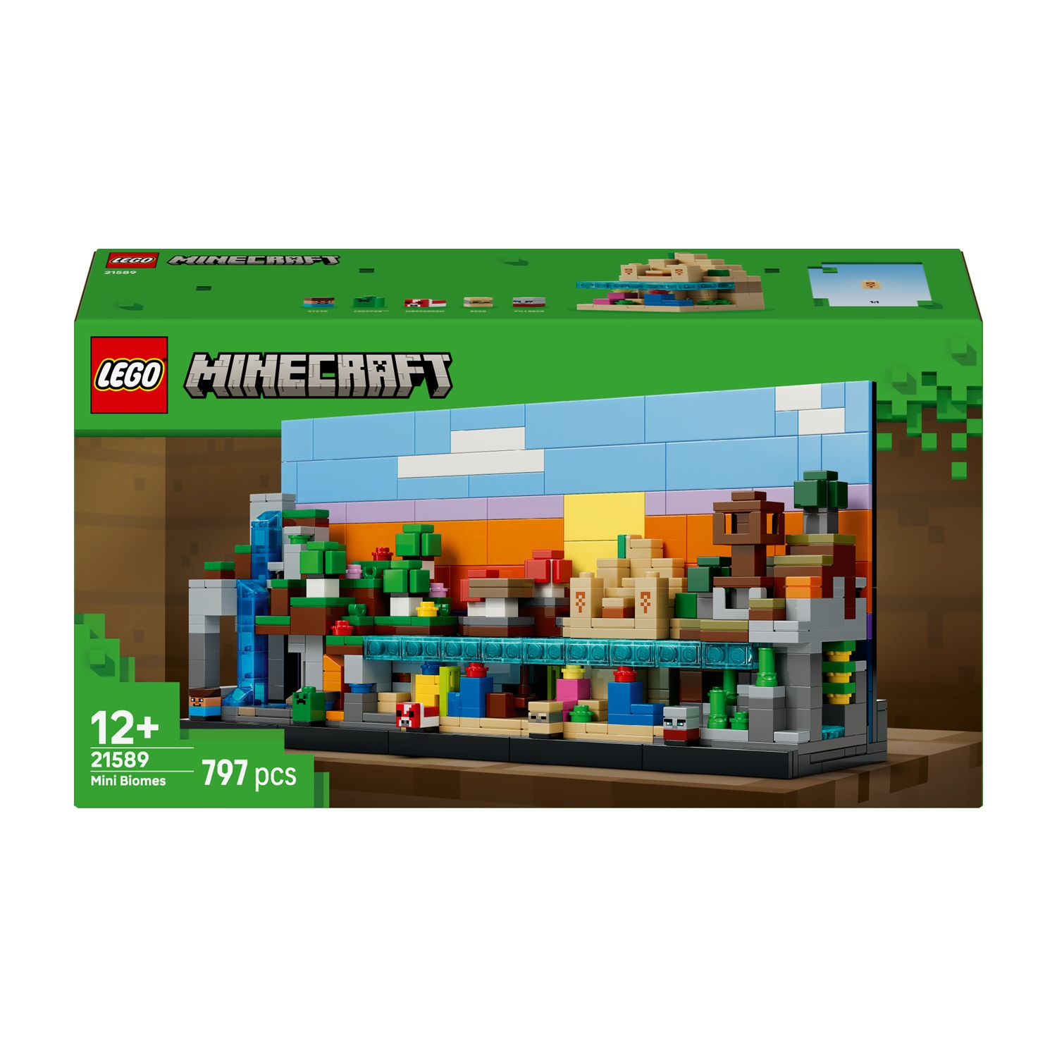 Scatola del set Lego Minecraft. Presenta vari biomi con alberi, acqua e strutture. Il cielo è blu e giallo.