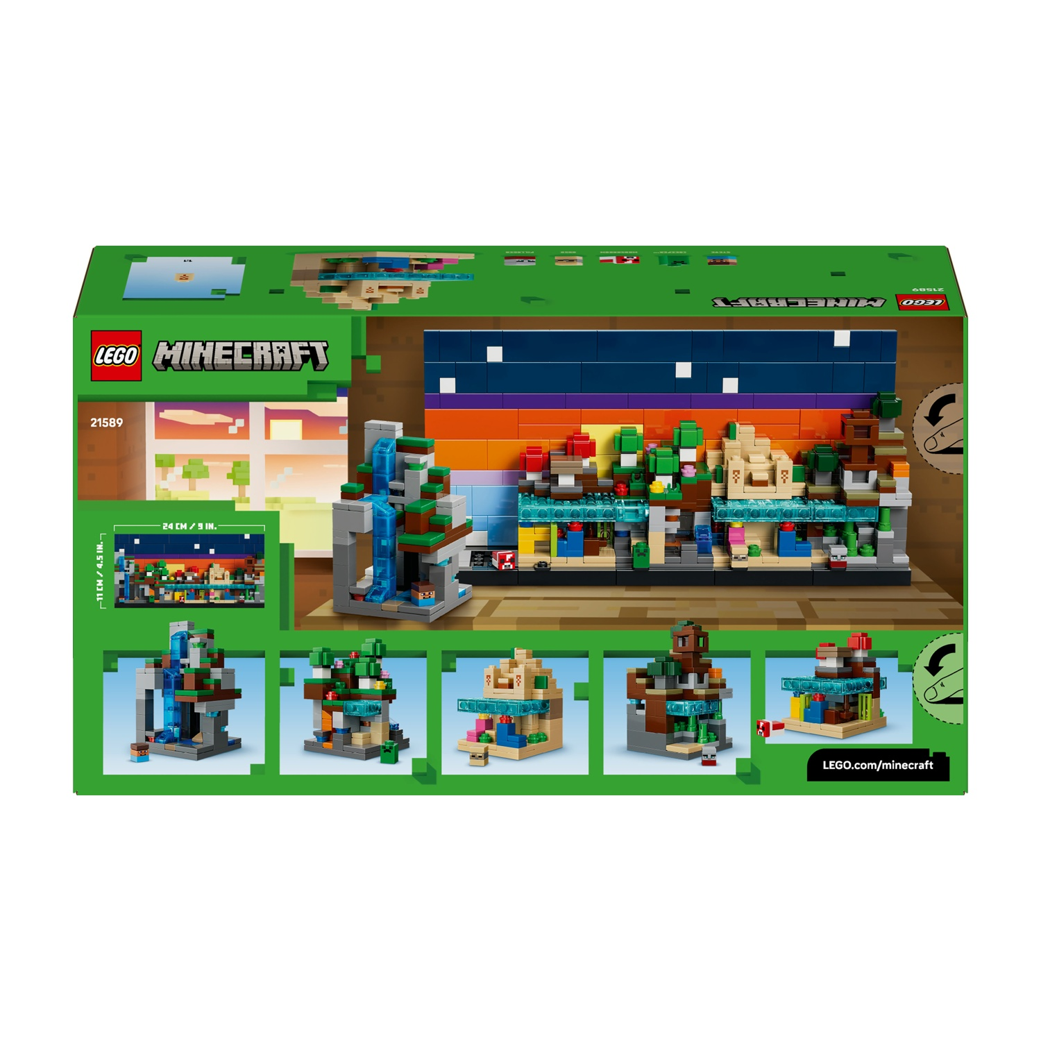 Set scatola Lego Minecraft. La scatola presenta una scena di Minecraft con varie strutture e personaggi. I colori dominanti sono verde, blu e marrone.