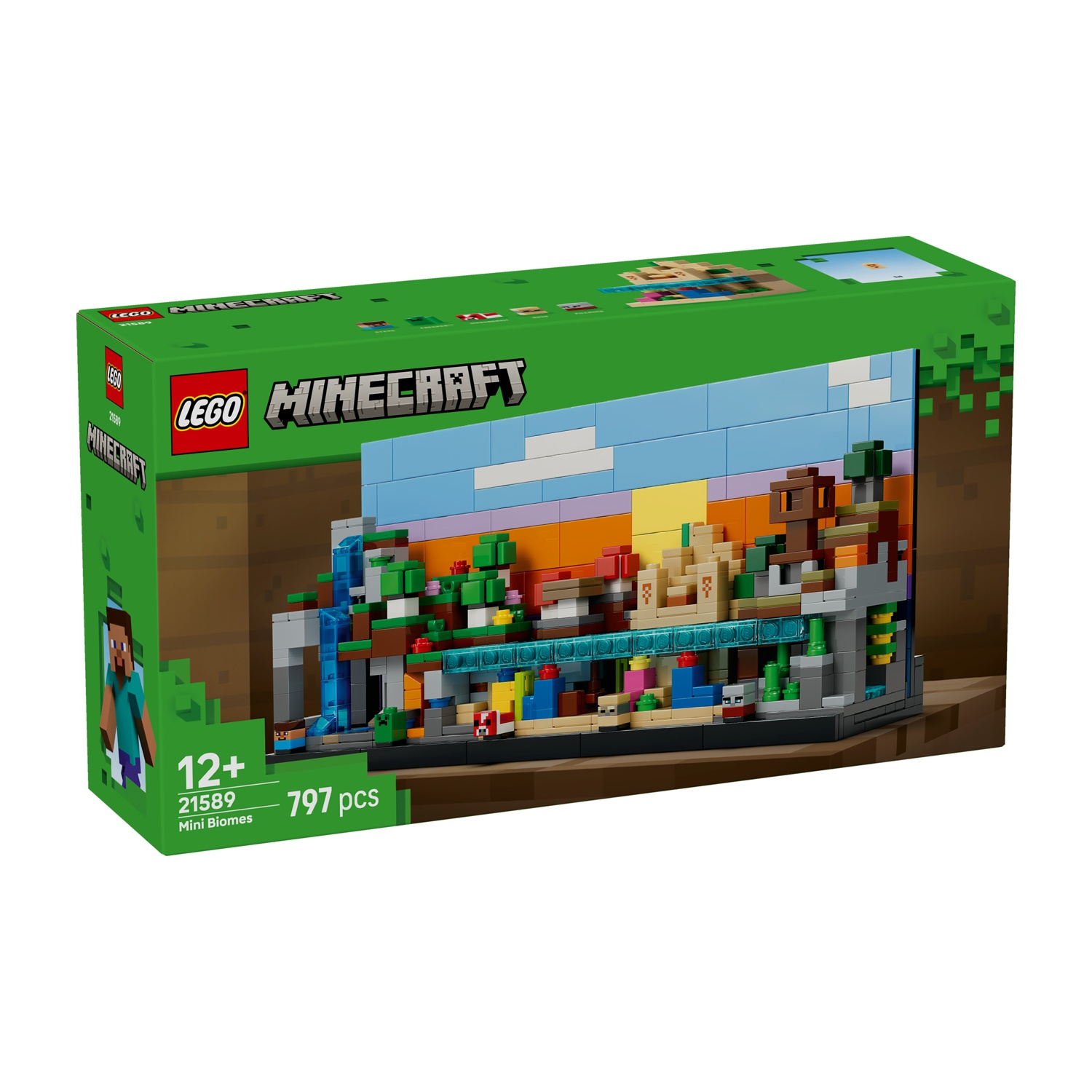 Scatola del set Lego Minecraft Mini Biomes. Mostra una scena di Minecraft costruita con mattoncini Lego. Include personaggi, alberi e una cascata.
