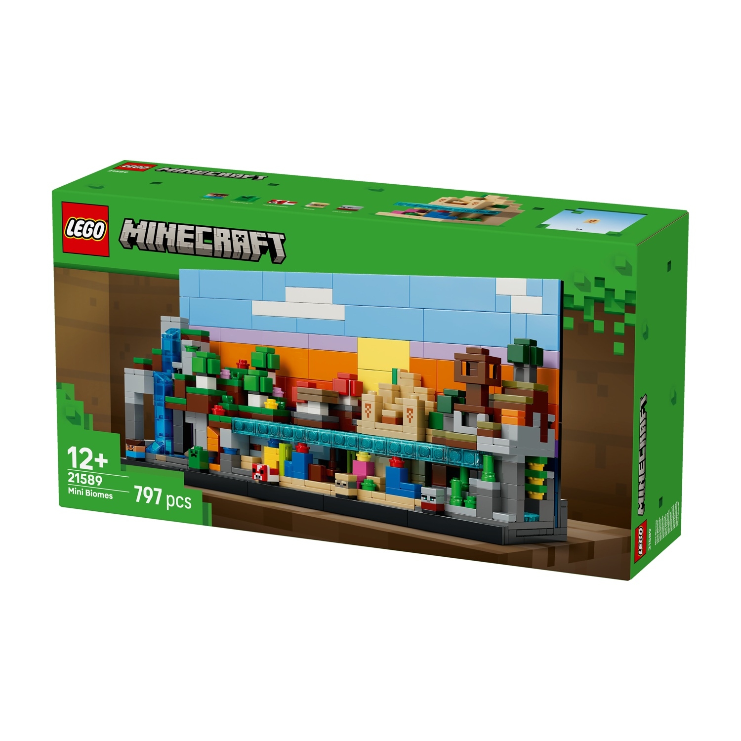 Scatola del set Lego Minecraft. Scatola verde con la scena di Minecraft. Mostra paesaggi fatti di blocchi. Ha il logo Lego e Minecraft.