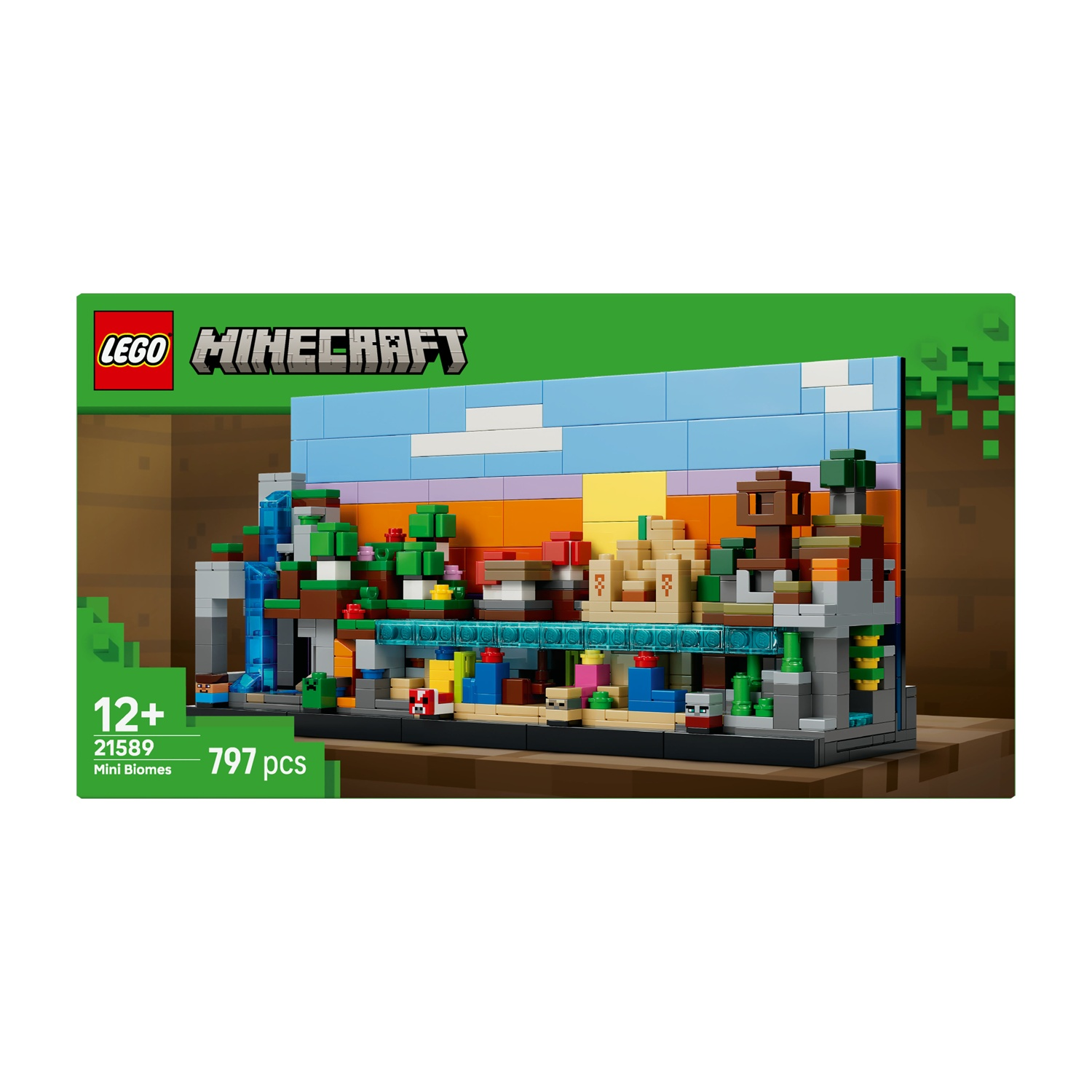 Set Lego Minecraft raffigurante un paesaggio con vari biomi, tra cui alberi, cascate e strutture. La scatola dice 12+, 797 pezzi.